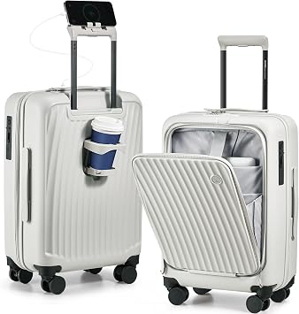 OIWAS 20 Inch Carry On Luggage, Front Pocket Carryon Suitcase with Phone Holder & Cup Holder, Airline Approved Hardshell Luggage with Double TSA Lock, USB Port, One-Click Brake, White