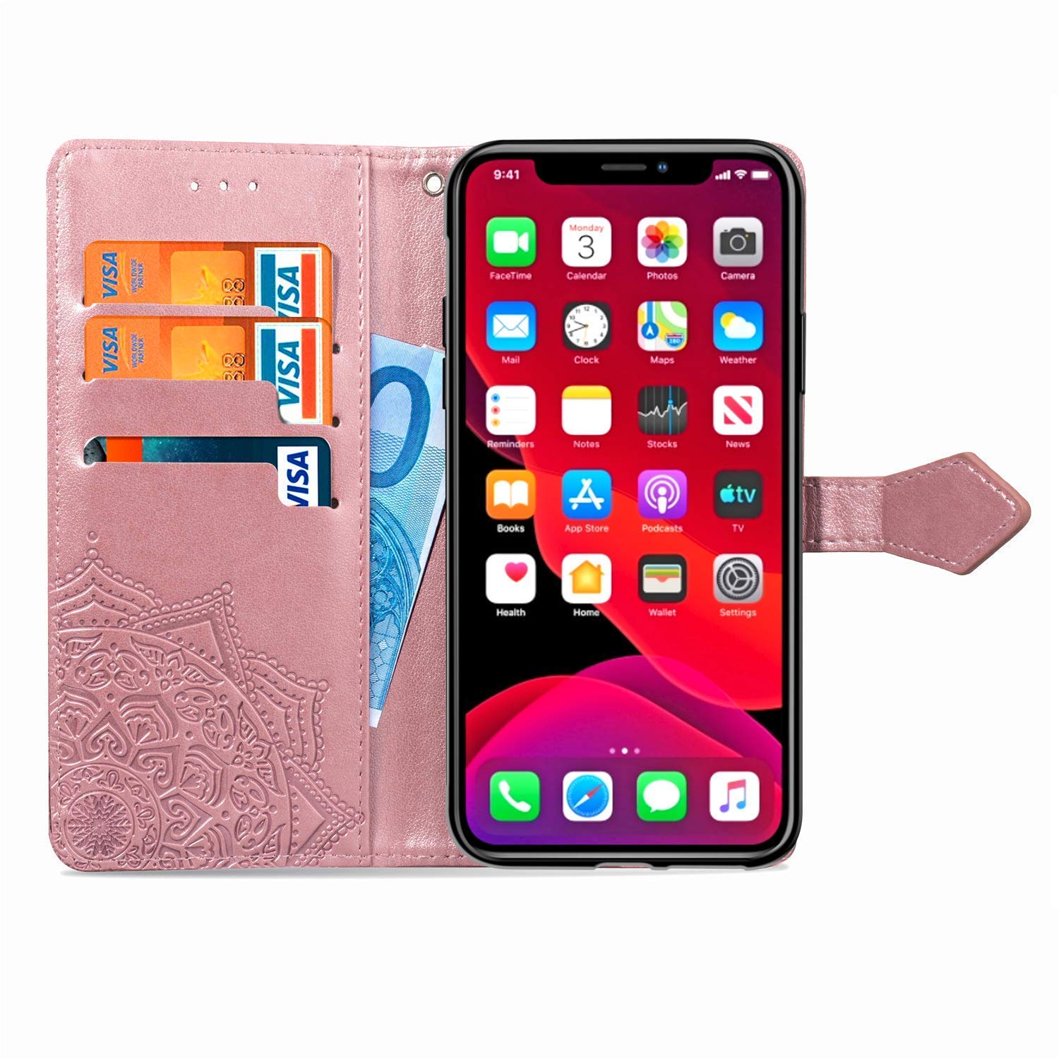 Custodia Portafoglio Per Samsung Galaxy A21S – Fiori Mandala In Rilievo, Pelle PU Magnetica, Blu
