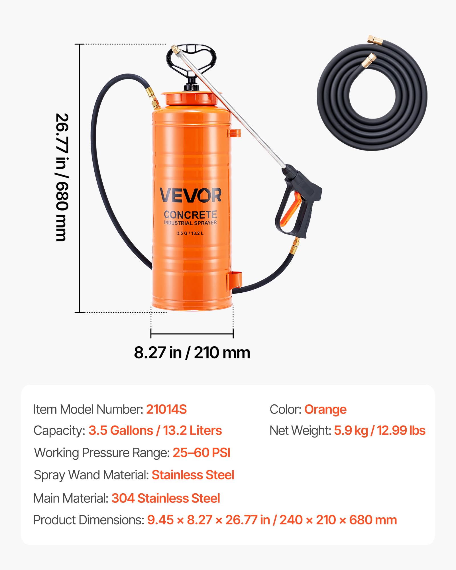 VEVOR Pulverizador de Hormigón Industrial, Pulverizador de Acero Inoxidable de Aprox. 13,2 L, Presión 25-60 PSI, Longitud de Lanza de 520 mm, 2 Boquillas de Latón, para Construcción y Jardín