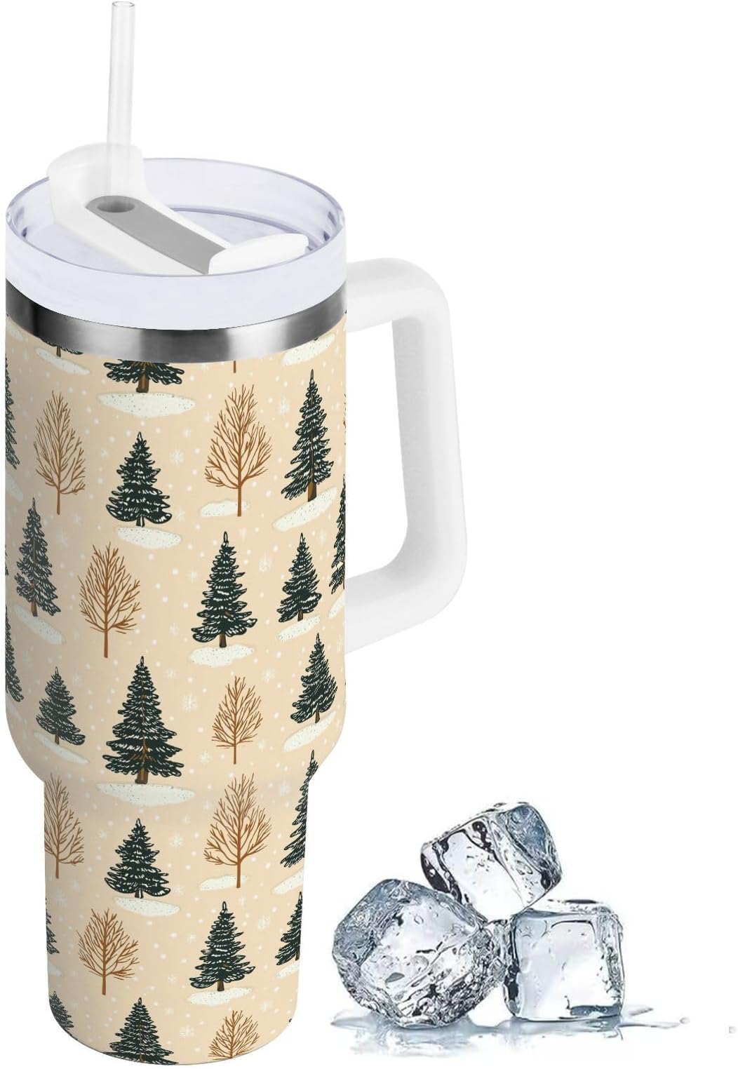 Snow Winter Polka Dot Christmas Tree Tumbler with Handle 40 oz Travel Mug with Lid and Straw Stainless Steel Vacuum Insulated Water Bottle Cup for Iced Tea Coffee Cold Beverages Cup
