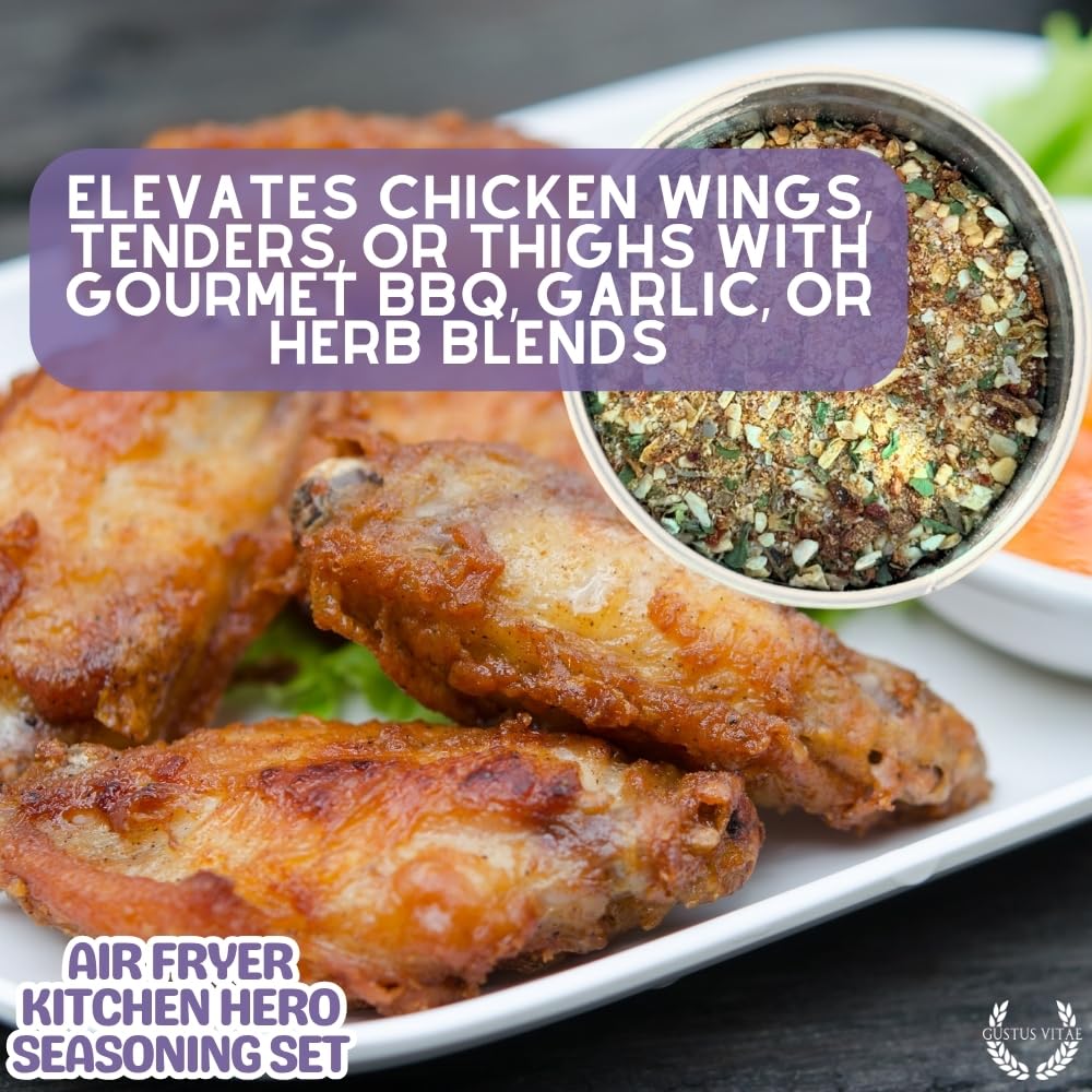 Air Fryer Kitchen Hero Seasoning Set | Authentic Small Batch Seasoning Mixes | 6 Gourmet All Natural Spice Blends Made For Air Frying | Hand Packed, Non GMO | Sustainably Sourced, Made in USA | GLP-1 Friendly | Artisanal Spice Blends, Marinades, and Rubs | Gustus Vitae | All Occasion Gift