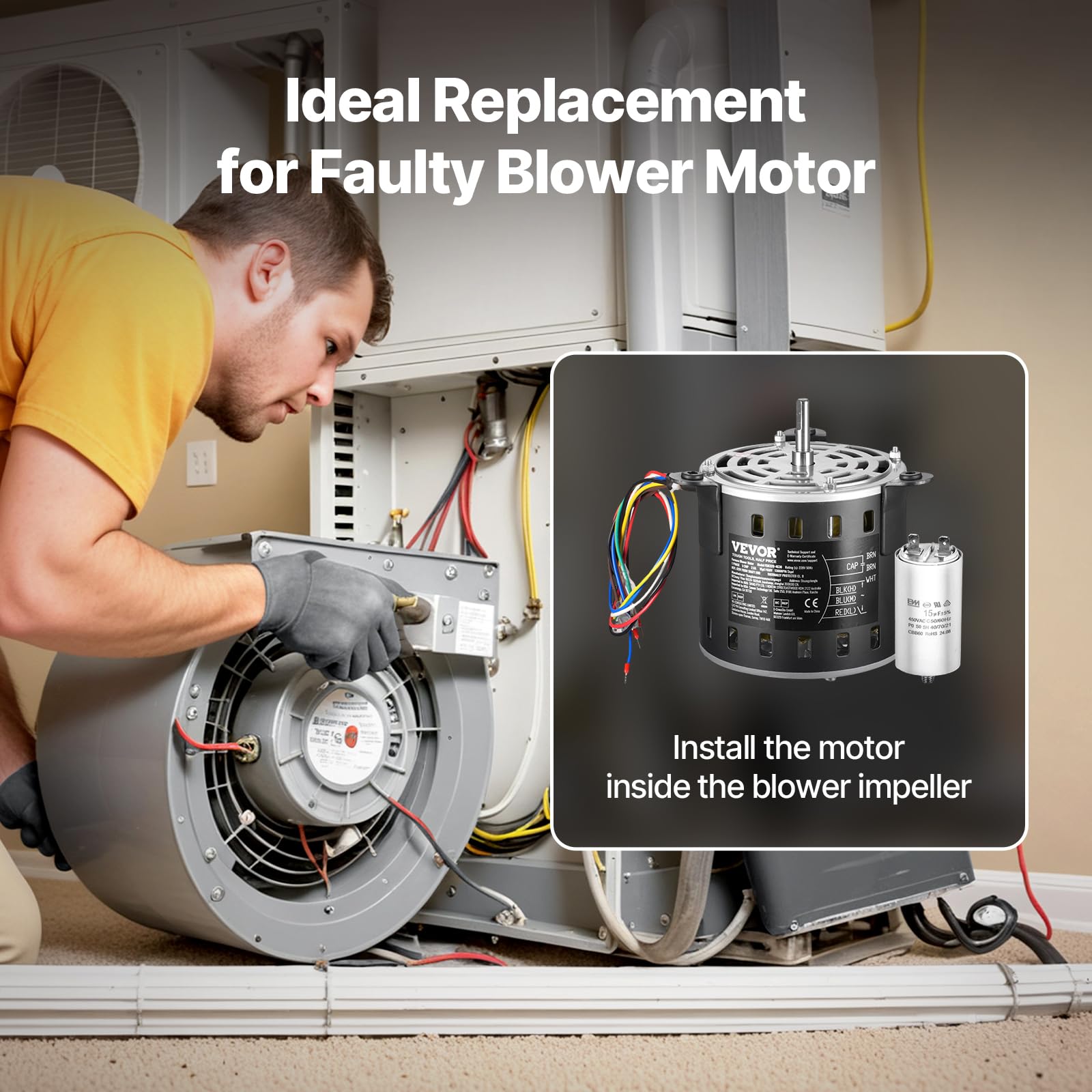 VEVOR Motor de Soplador de Horno de 1/2 HP, 220 V, 2,6 A, 1300 RPM, 3 Velocidades, Diámetro de Eje de 10 mm, Longitud de Eje de 20 mm, Rotación en Sentido Antihorario desde el Extremo del Eje