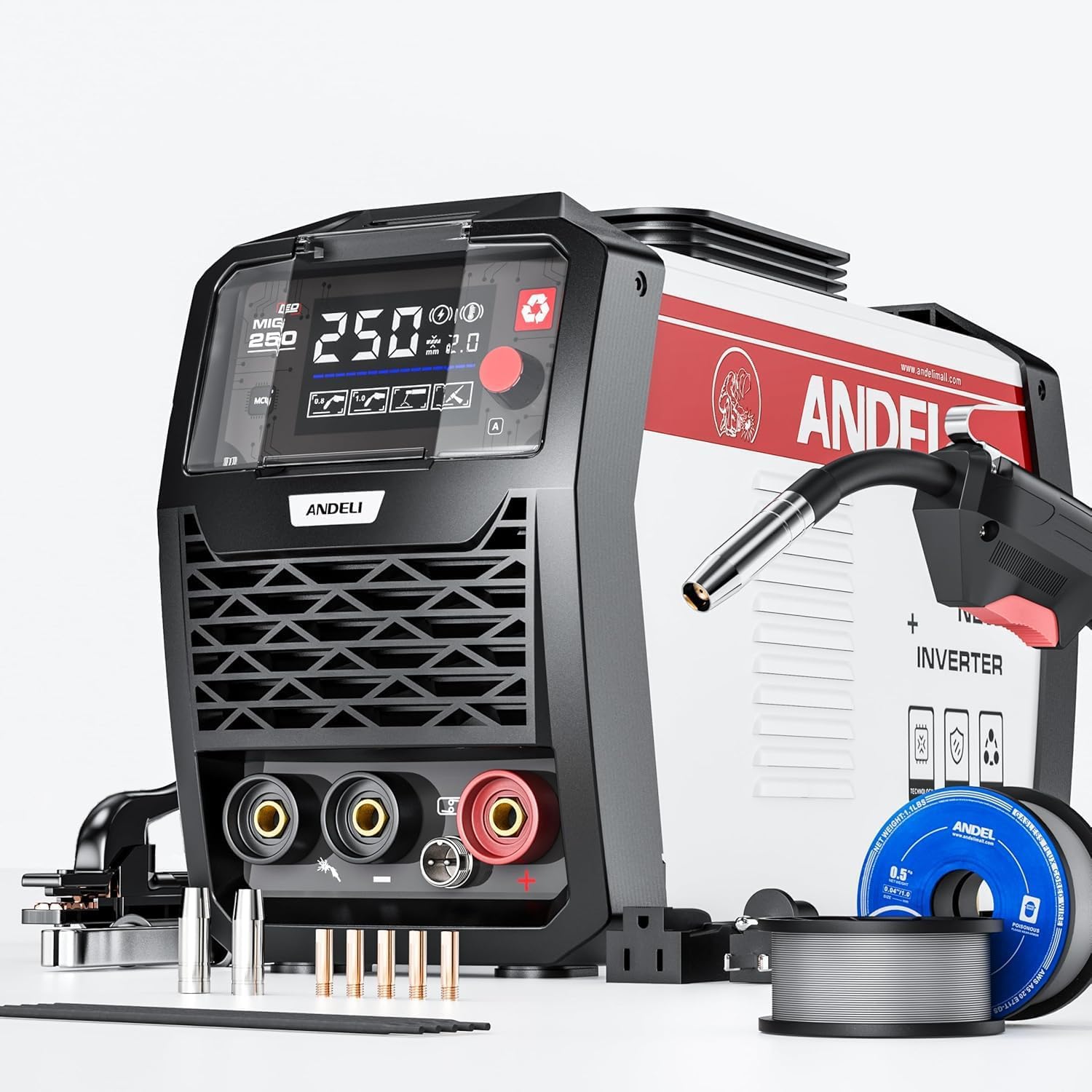 ANDELI Soldadora MIG 135 Amperios, Inversor IGBT 110V/220V, Multiproceso (MIG Flux/TIG Levantamiento/Stick), Sin Gas, Modelo MIG-250ME con Pantalla LED
