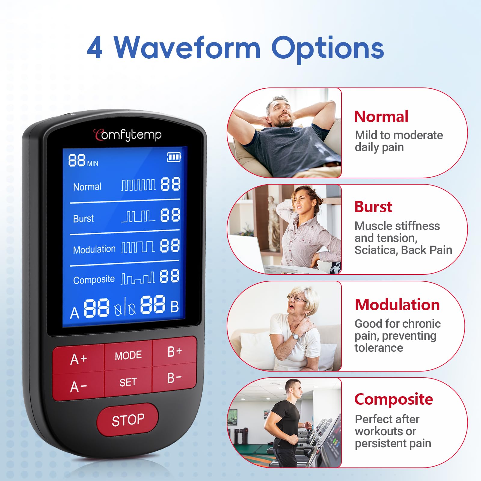 Comfytemp TENS Unit Muscle Stimulator for Back Sciatica Neck Pain Relief, 4 Therapy Waveforms Dual Channel TENS Machine — 30 Modes, Rechargeable Professional Electric Pulse Massager, 10 Electrode pads — Amazon image 2