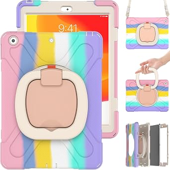 iPad Air 2 Pro 9.7/ iPad 5th 6th Generation 9.7 Inch Case Shoulder Strap 360  Rotating Belt Stand Pencil Storage Rainbow US Military MIL Certified Shockproof Kids Cute Kids Outdoor Ring with Handle, Colorful Pink