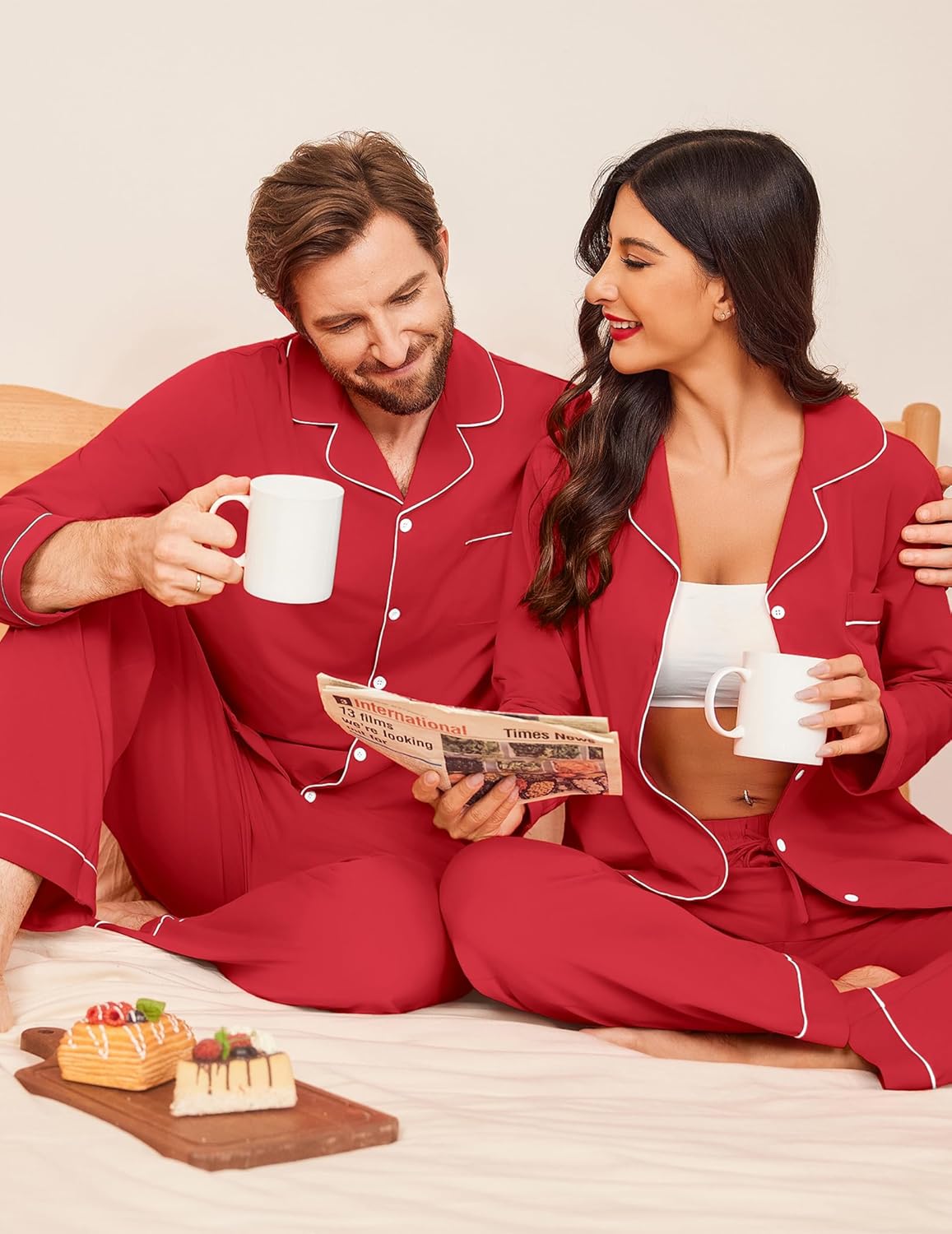 Ekouaer Couple Matching Pajamas 100% Cotton Long Sleeve Sleepwear Button Down Loungewear Pjs Set S-XXL - Image 3