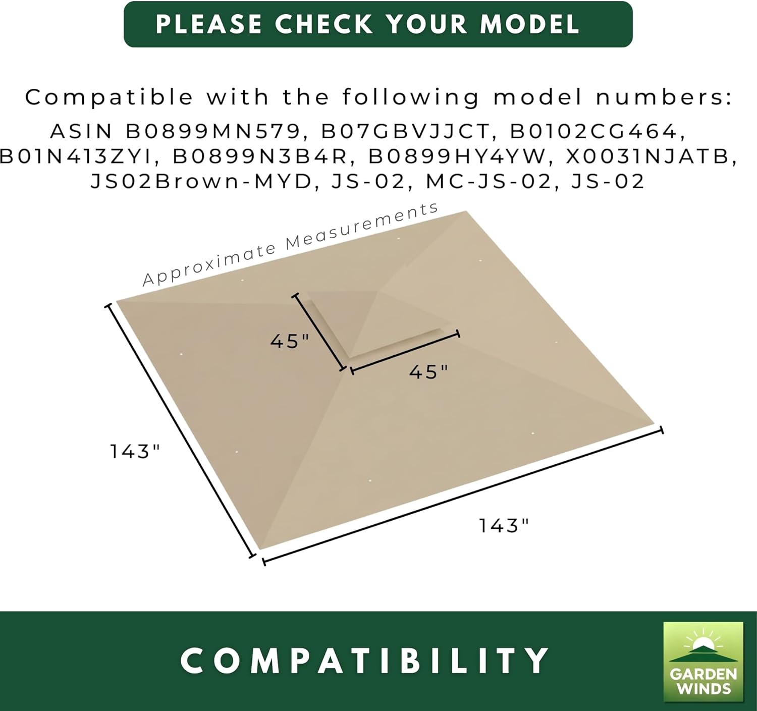 Garden Winds Reinforced RipLock 350 Replacement Canopy Top Cover Compatible with ABCCANOPY, MasterCanopy, and Cooshade 13' x 13' Portable Canopy - Beige