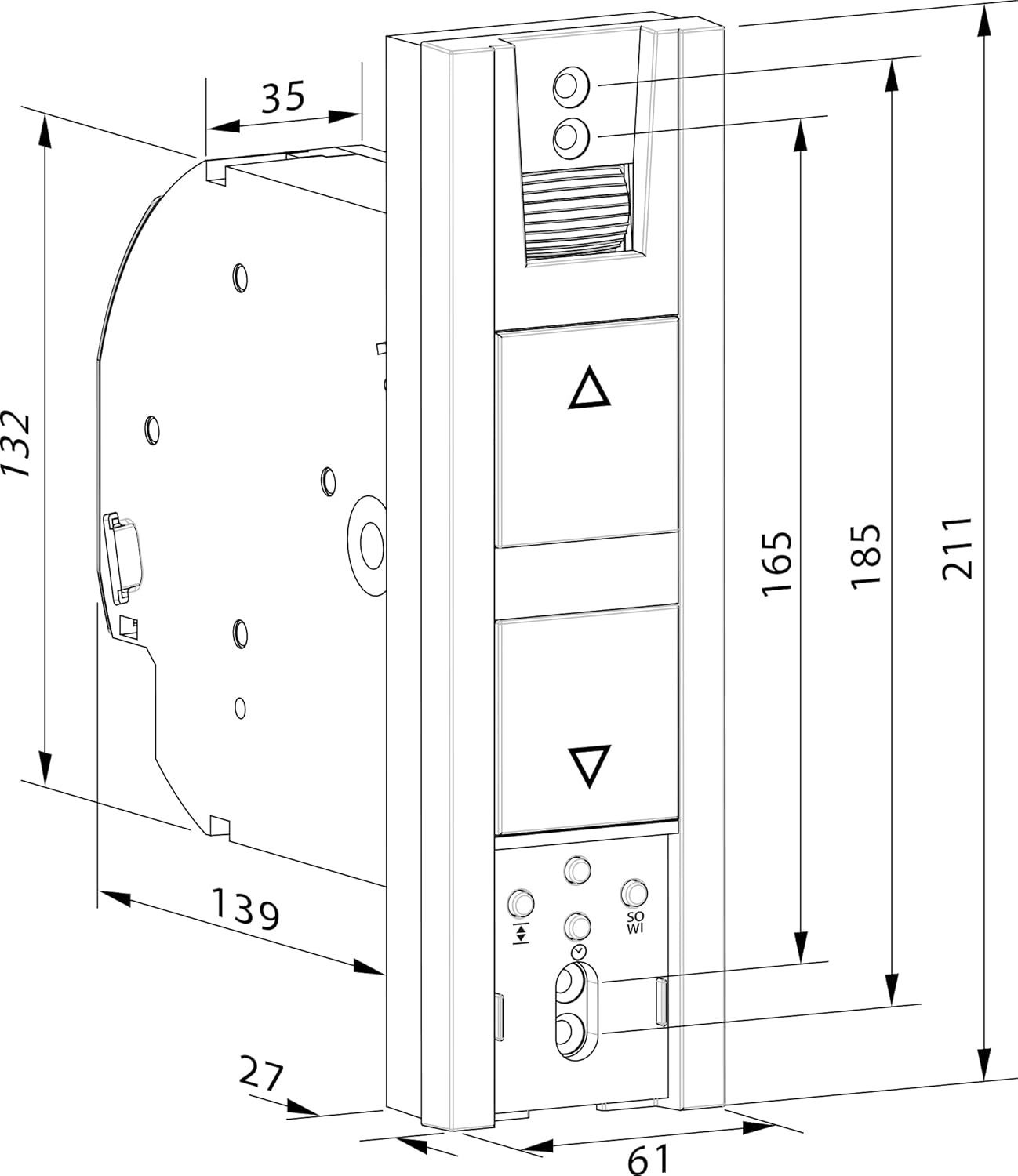 Technical drawing with dimensions of HOMEPILOT RolloTron Pure