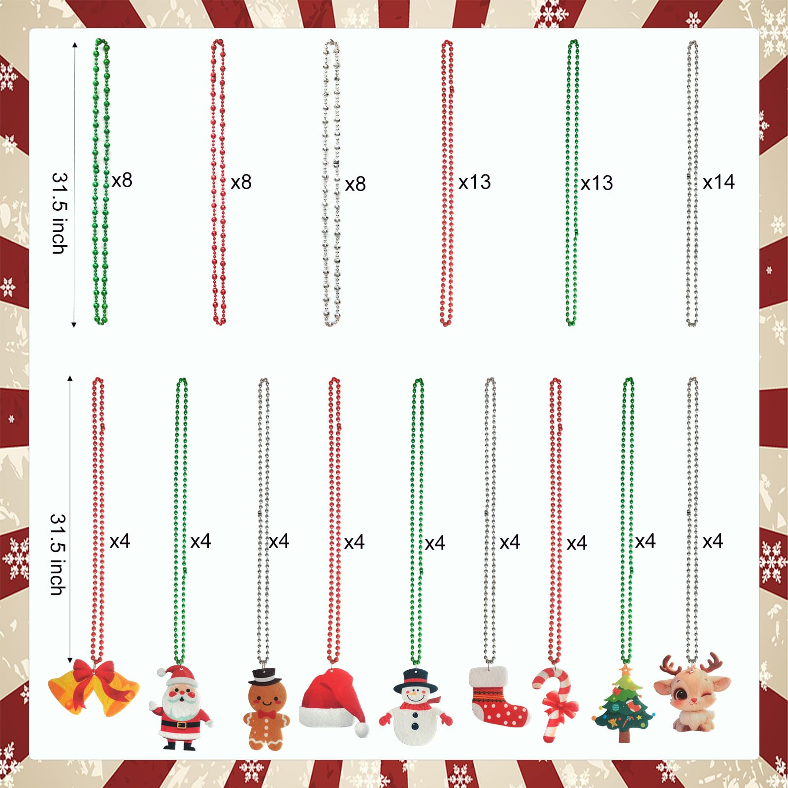 Voopurbic 100 Pack Christmas Bead Necklaces, Metallic Red Silver Green Mardi Gras Beads Necklaces With Cute Xmas tree Snowman Santa Claus Pendants For Christmas Party Decoration