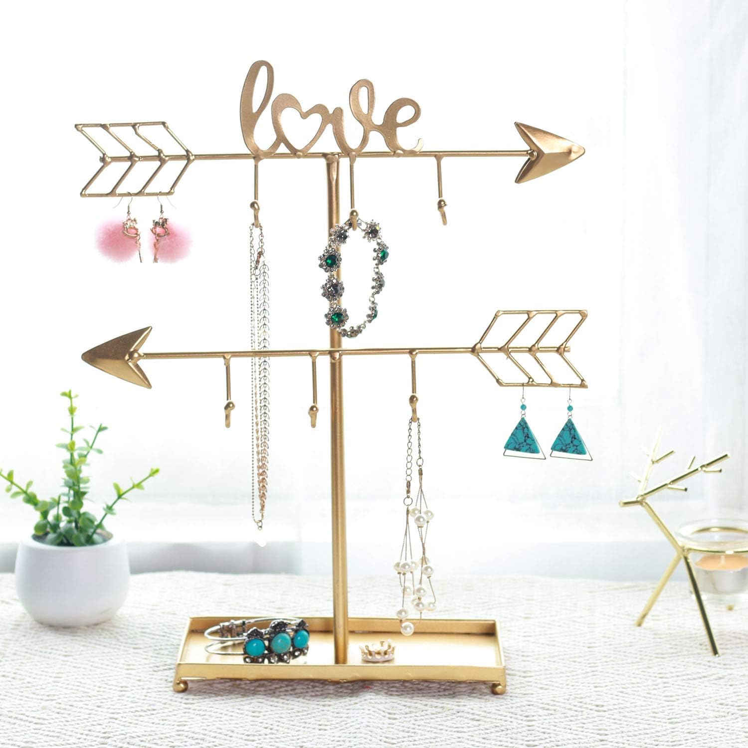 2 Tier Love Arrow Jewelry Organizer Stand, Metal Jewelry Display Tree Rack with Ring Tray, Decorative T-bar Jewelry Holder for Necklace, Bracelet and Watch, Gold