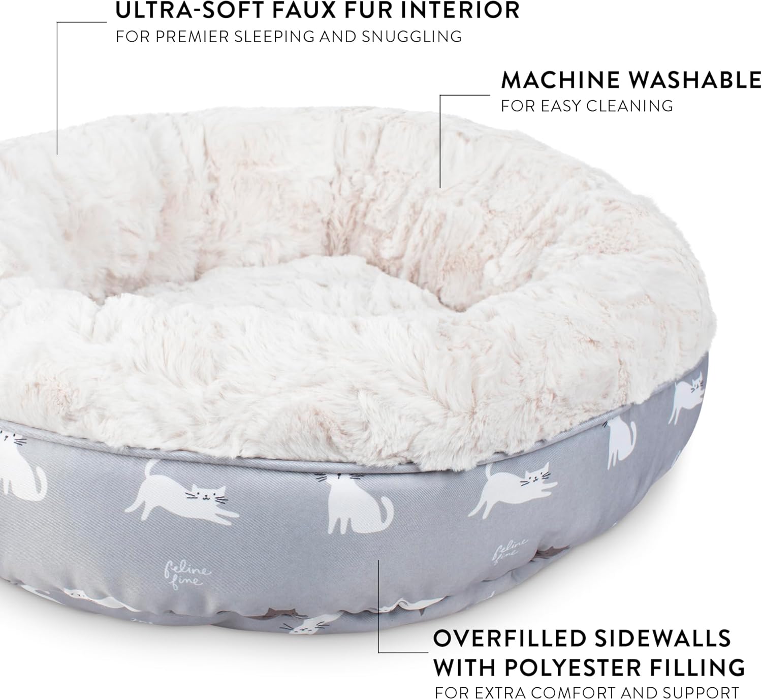 Fringe Studio Cat Bubble Text Mudcloth Gray Small Circle Pet Bed 18"- Poly Filled with Faux Fur Interior - Machine Washable