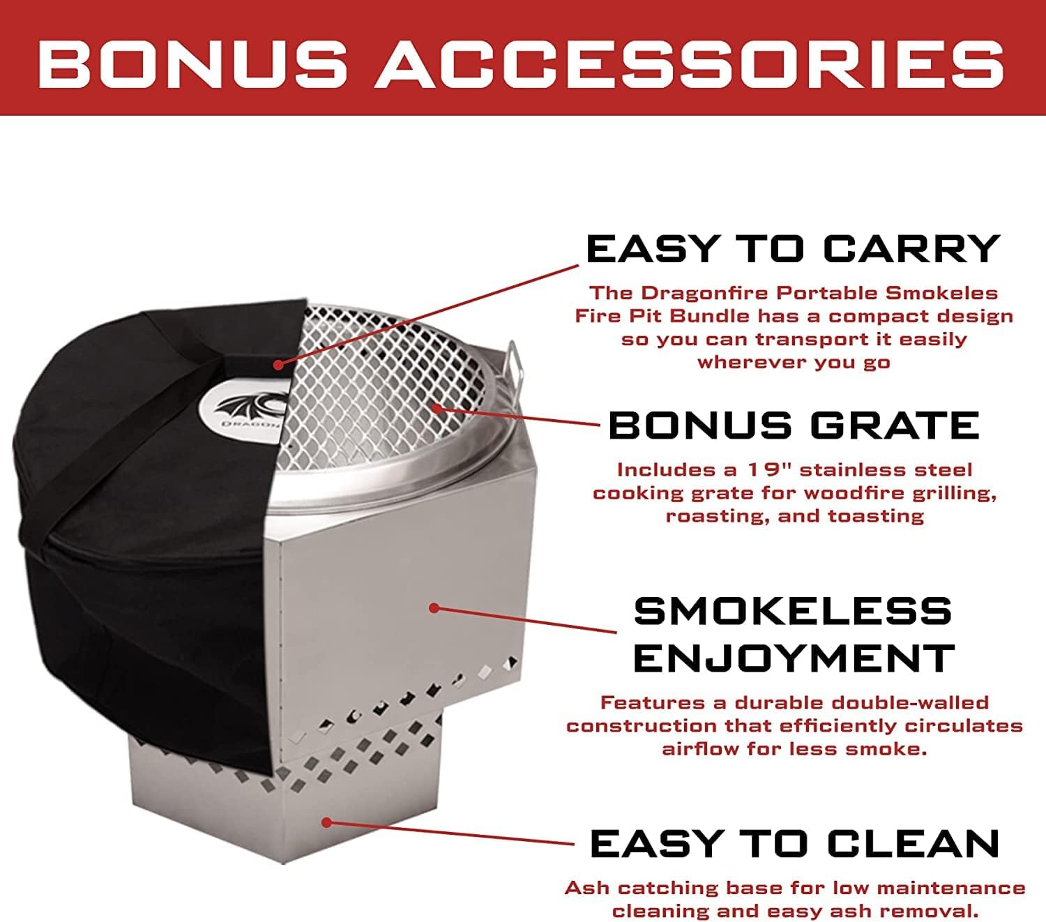 Dragonfire Portable Smokeless Firepit, Accessories Included: Grill, Base Stand, Carrying Case. Wood Pellet/Log Burning Outdoor Fire Pit. Stainless Steel, 22 Inch, Nesting Base for Compact Storage.