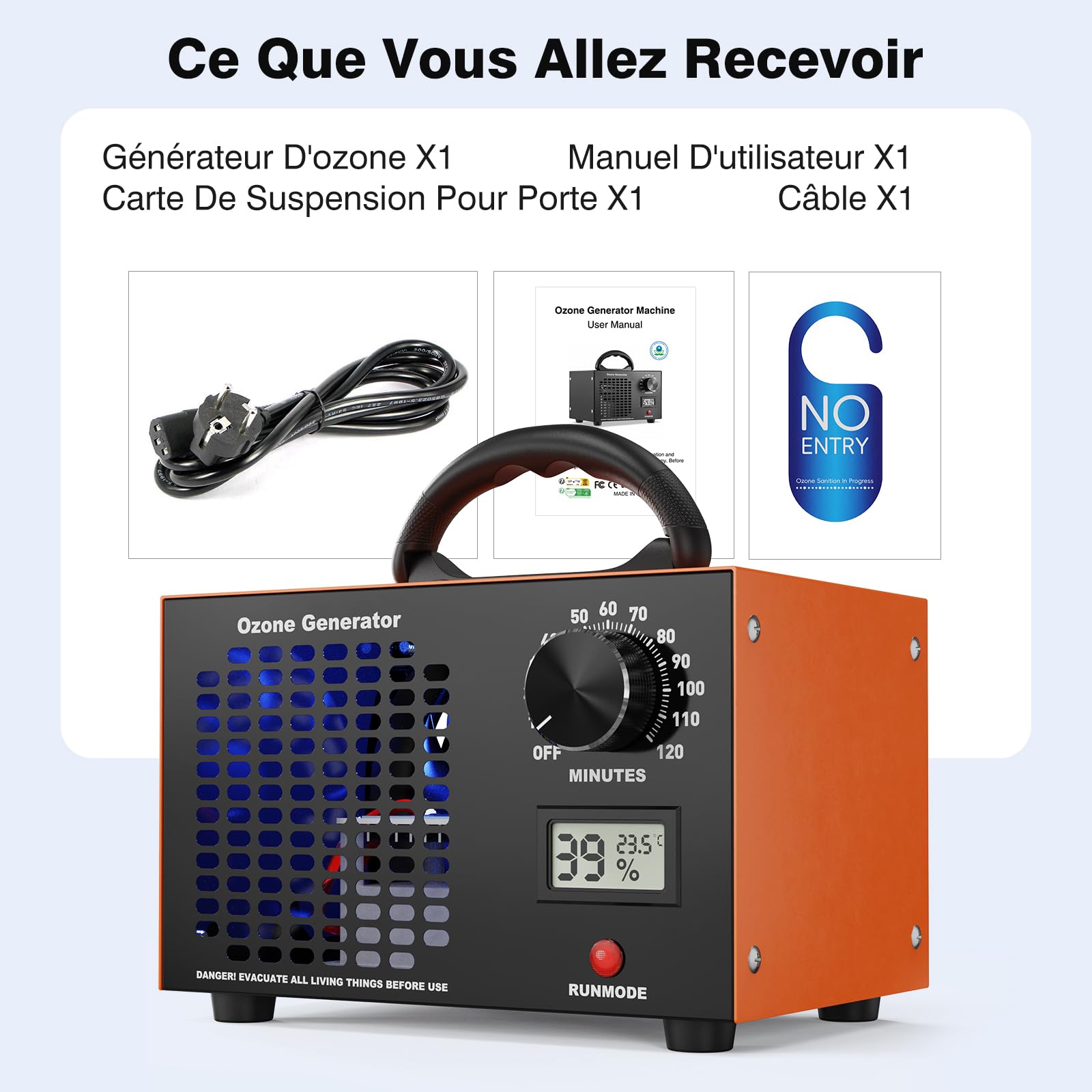 Generator ozonu 120000 mg/h – Przenośny oczyszczacz powietrza 2-w-1 z timerem 120 min, wyświetlaczem temperatury i wilgotności, przemysłowy ozonator O3 do samochodu, mieszkania, hotelu, kuchni, elimi