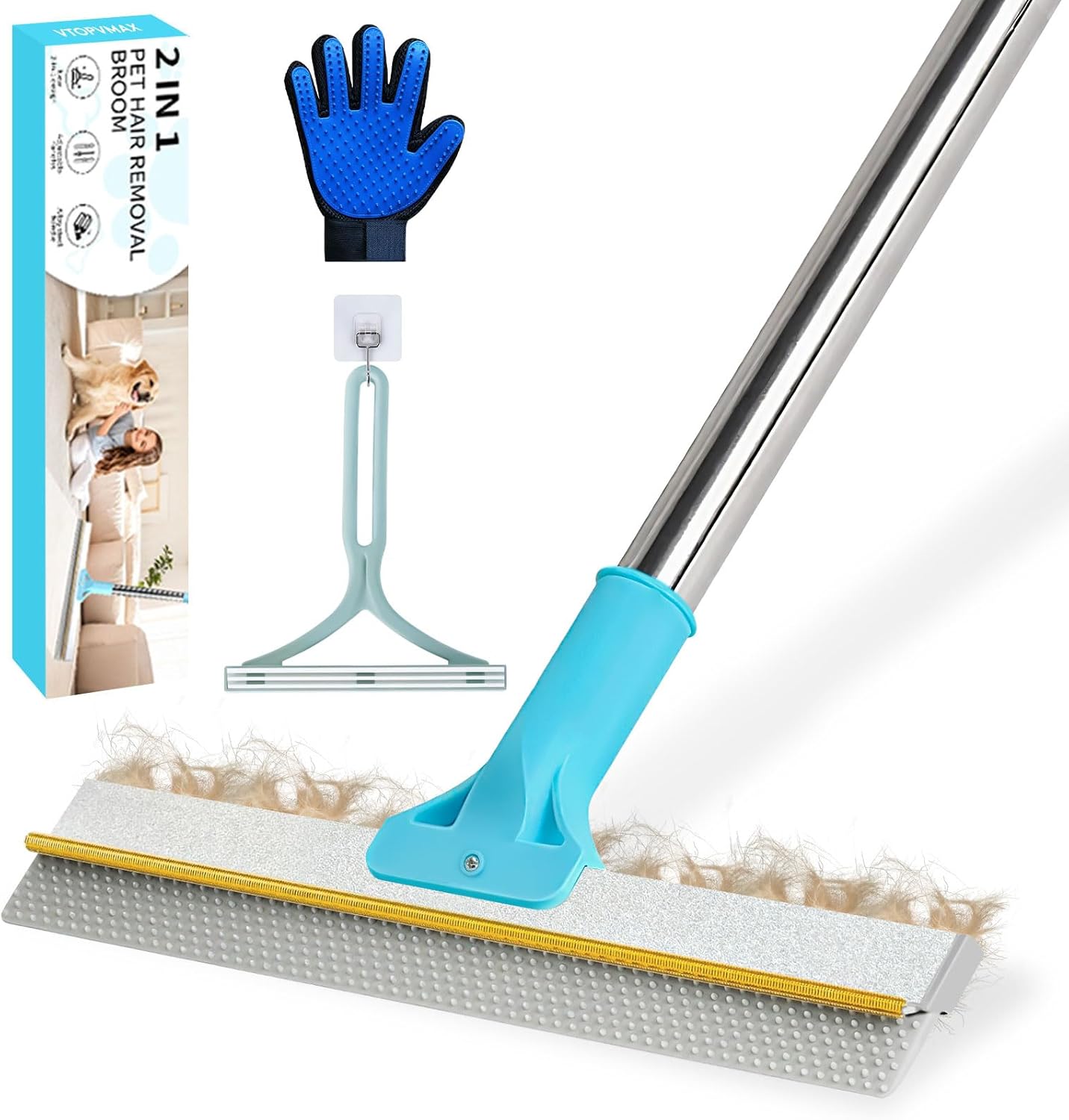 Carpet Rake for Pet Hair Removal - 54" Adjustable 2 in 1 Carpet Broom with Copper Rake Scraper & TPU Brush, Reusable Cat Dog Hair Remover Tool for Deep Cleaning Carpets, Rugs, Mats, and Stairs (Blue) Blue Pro+Mini+Glove