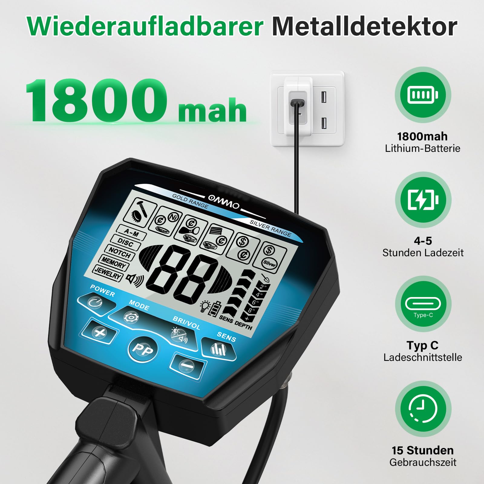 OMMO Detector de Metales Profesional para Adultos y Niños, Detectores de Metales Recargable por USB, 6 Modos, Alta Precisión, Bobina Impermeable IP68, Metal Detector con Pala, Azul