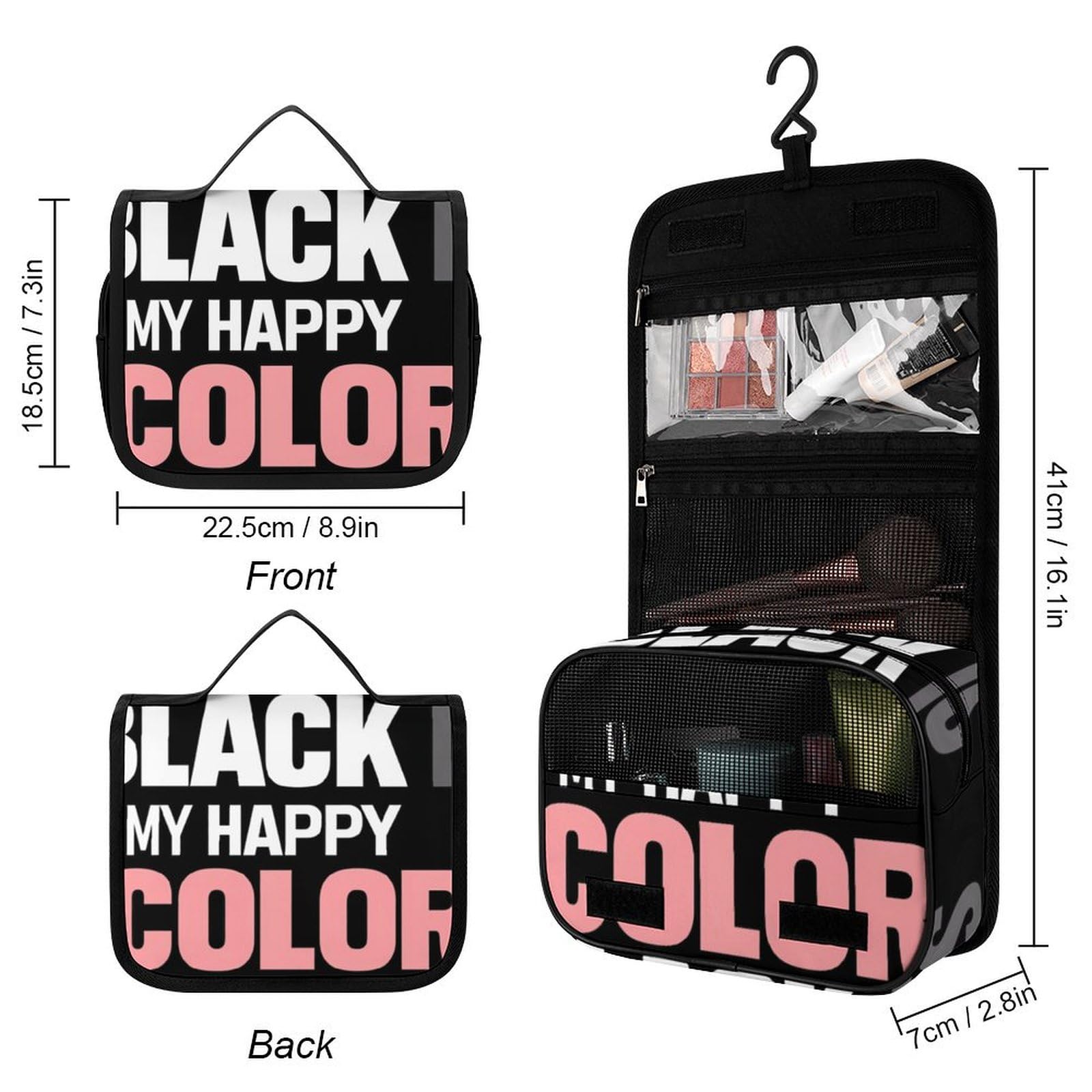 Black Is My Happy Color Makeup Bag Portable Hanging Organizer for Travel Wash Bags With Handle And Divider