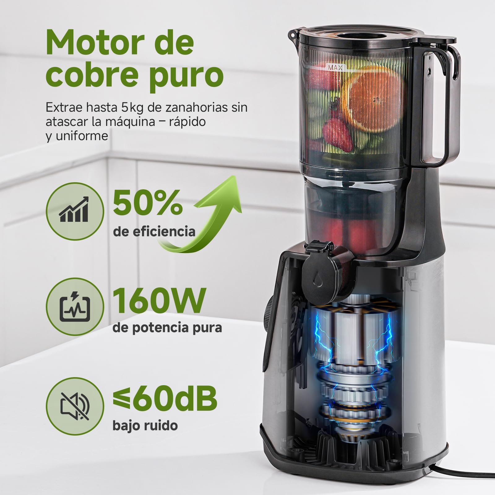 AMZCHEF Extractor de Zumos Lento – Abertura Ancha de 118MM para Frutas y Verduras Enteras – Motor Silencioso de 180W – Alto Rendimiento de Zumo, Fácil de Limpiar