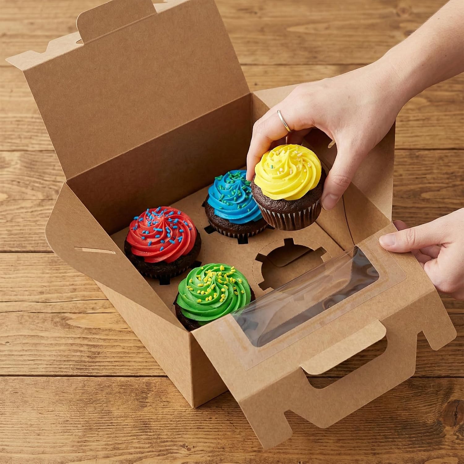 MOUYAT 80 PCS 4 Count Cupcake Boxes, 40 Sets Kraft Paper Muffin Boxes with Window, Insert and Handle, Cupcake Carriers Holder Gable Boxes for Desserts,Wedding Birthday Party Favors, Easter Treats