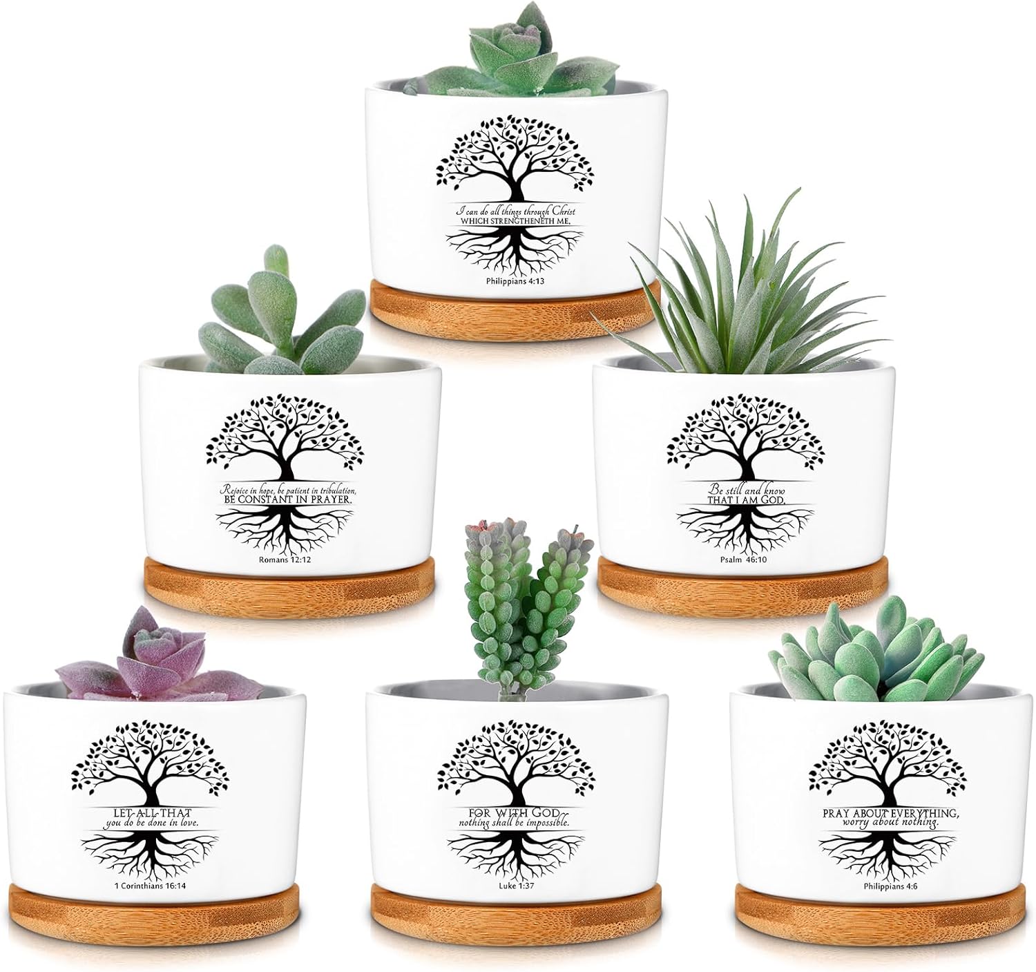 Serial 10 Pcs Bible Verse Succulent Pots Tree of Life Easter Appreciation Gift 3.15 Inch Christian Planter Accessories with Bamboo Tray for Church Man of God Teacher Gardener, Plants Not Included
