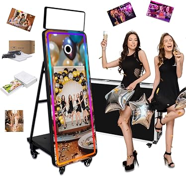 63 Mirror Photo Booth,32 Interactive Touch Screen with Square Light and RGB Light,Built-in Mini PC,Magic Mirror Photo Booth for Events Black, Machine+Mini Printer