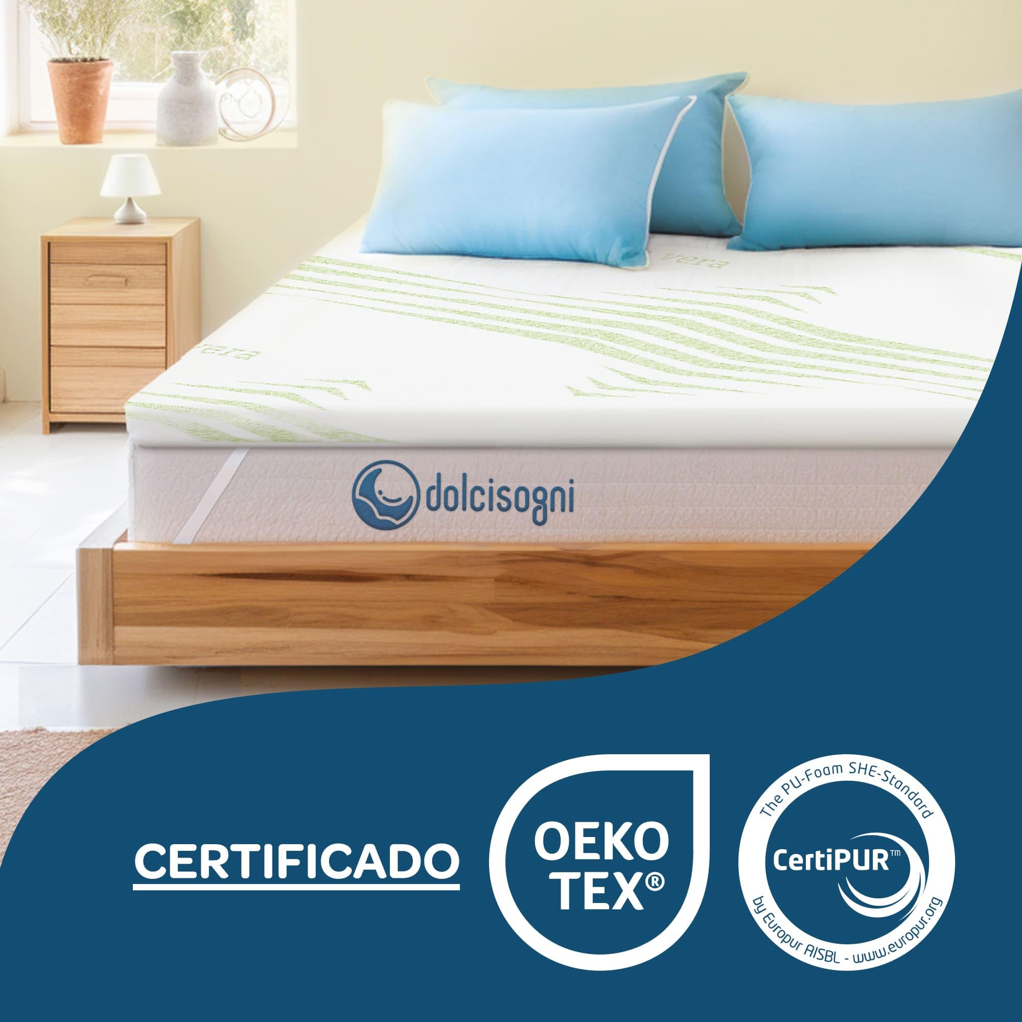 DOLCI SOGNI Topper Viscoelastico 140x200 cm, Espesor 5 cm, Topper 140x200 Espuma Viscoelástica con Funda de Aloe Vera y Elásticos de Sujeción, Sobrecolchon 140x200