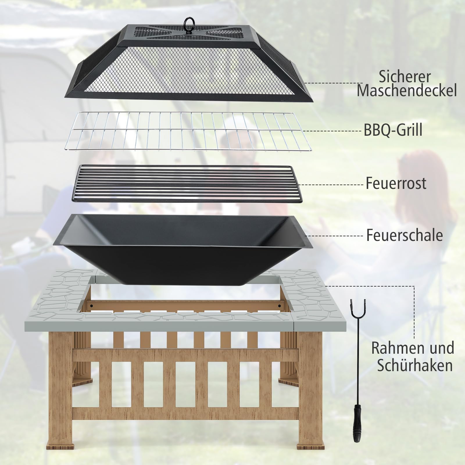 COSTWAY Palenisko z rusztem, palenisko 3 w 1, z ochroną przed iskrami i hakiem pogrzebowym, do ogrodu, na zewnątrz, 81 x 81 x 50 cm, Fire Pit do ogrzewania, grilla i pikników (kolor szary)