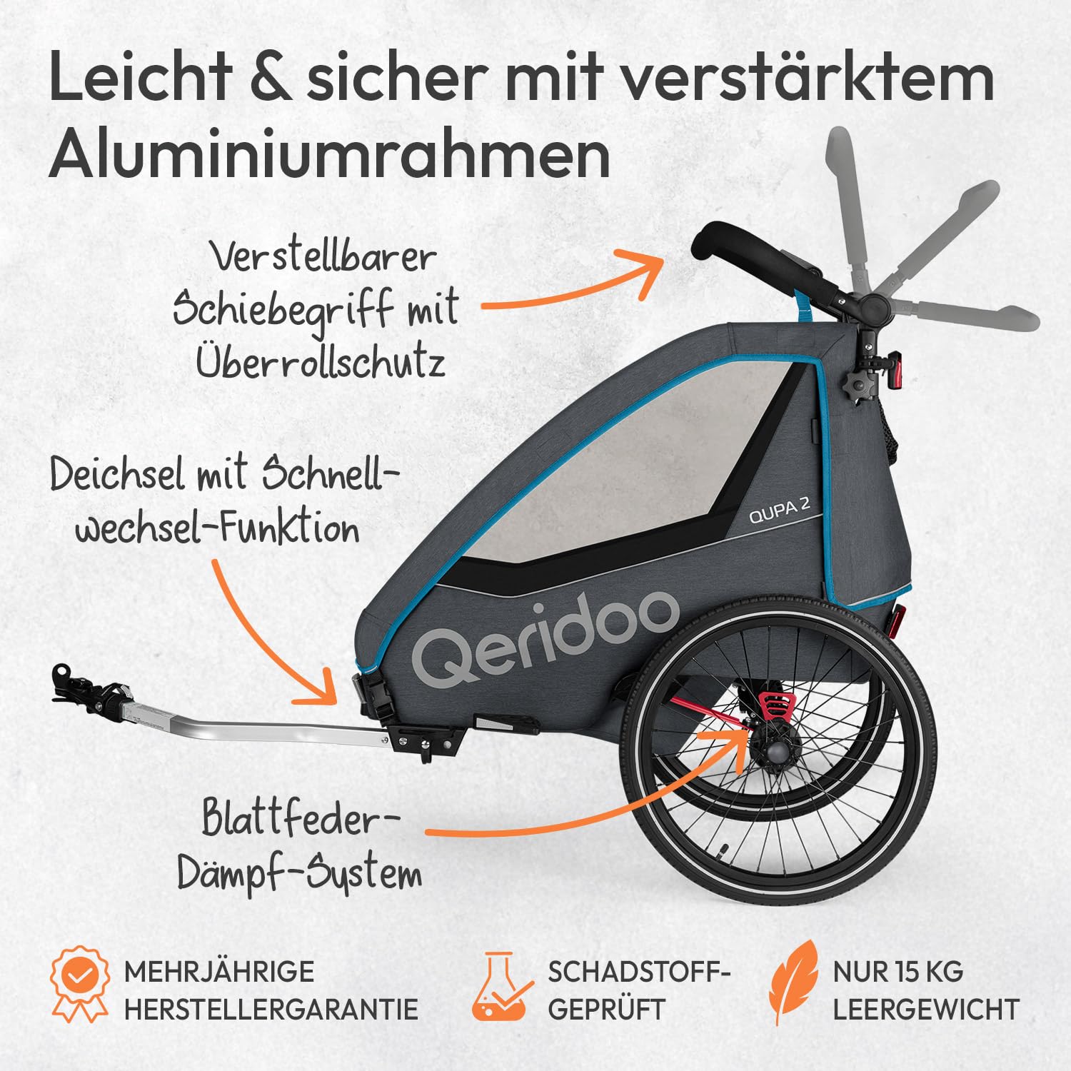 Qeridoo QUPA 2 Blue Comfort Sport Set | Fahrradanhänger 2 Kinder mit Joggerrad, Kupplung & Faltgarage | Kinderfahrradanhänger | Fahrrad Anhänger Kinder | Kinderanhänger Fahrrad | Jogger Kinderwagen