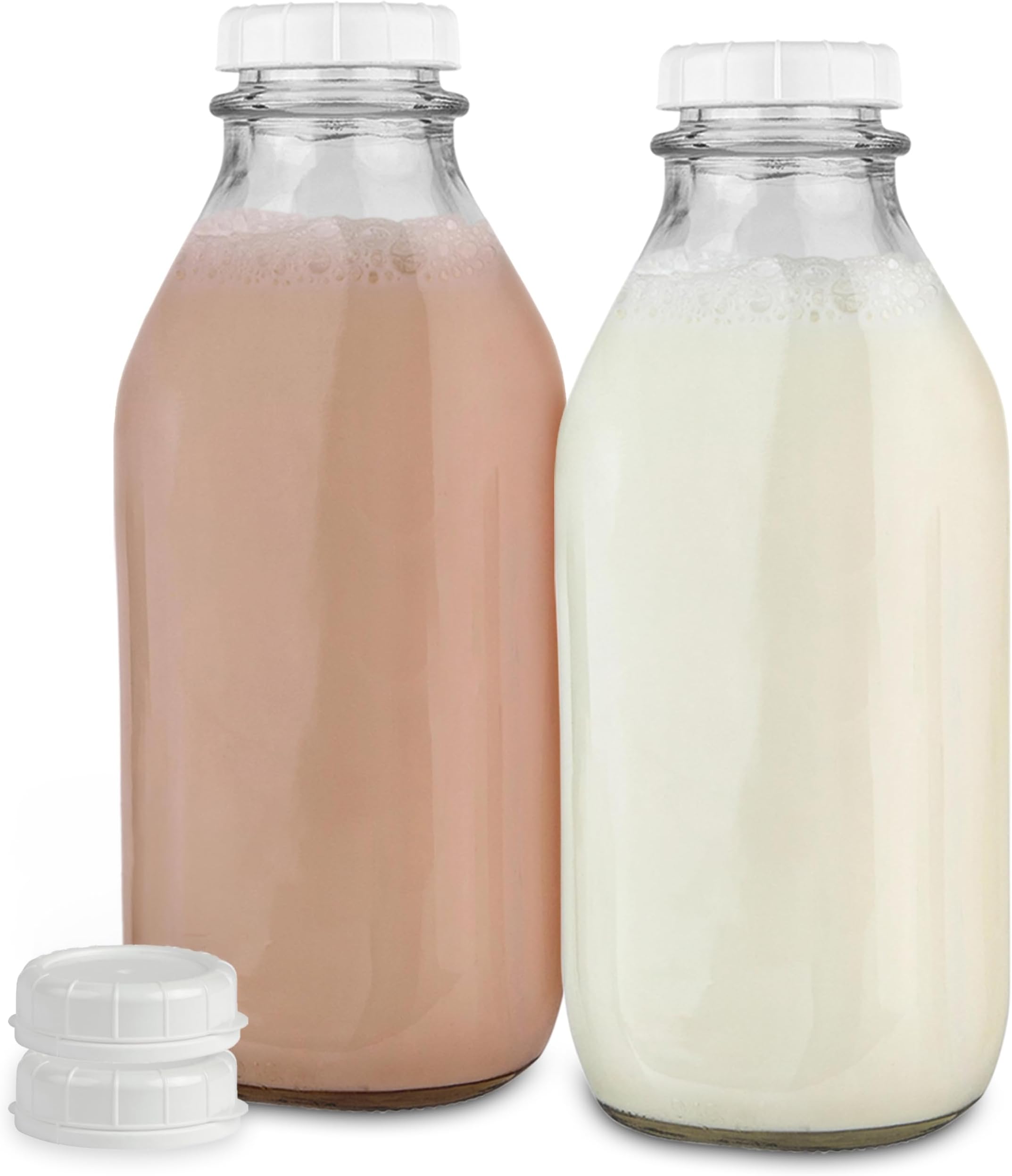 Stock Your Home Liter Glass Milk Bottles (2 Pack) - 32-Oz Milk Jars with Lids - Food Grade Glass Bottles - Dishwasher Safe - Bottles for Milk, Buttermilk, Honey, Maple Syrup, Jam, BBQ Sauce