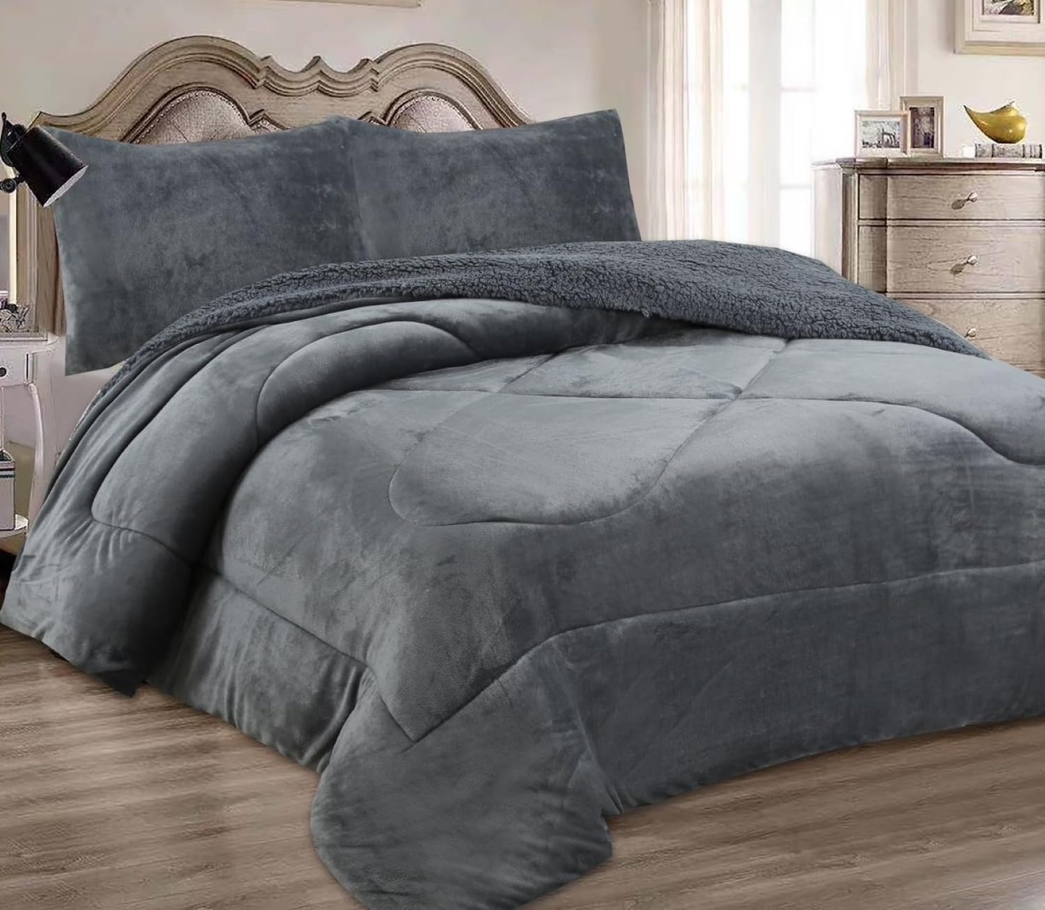 HaraDeco Manta para Cama Matrimonio 135/140 con 2 Fundas Almohada, de Borrego Terciopelo Gruesa de Gran Volumen y Abriga para Tiempo Fría(Gris, 220x240cm)