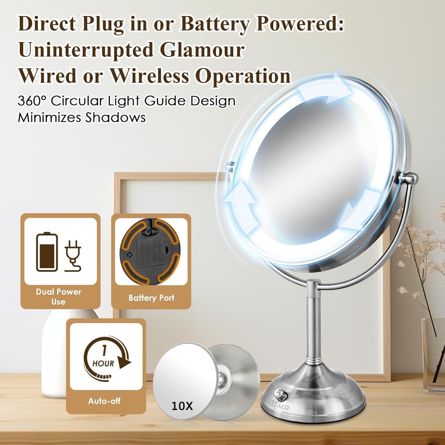 VESAUR 11" Large and 17" Tall Lighted Makeup Mirror, Double Sided 1X 5X Magnifying 3 Colors with Lights, Brightness Adjustable 360° Rotation Cosmetic Light up Mirror, Luxury Nickel