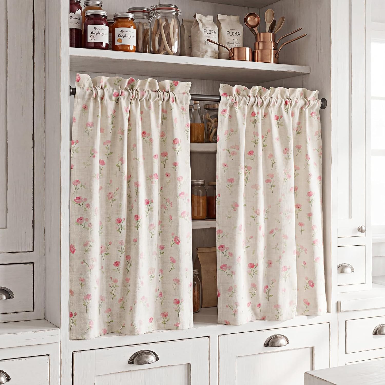 Floral Kitchen Curtains 36 Inch Tier Curtains Modern Style for Kitchen Windows Flower Cafe Style Rustic Short for Bathroom Laundry Room Small Window Decor 2 Panels (Pink)