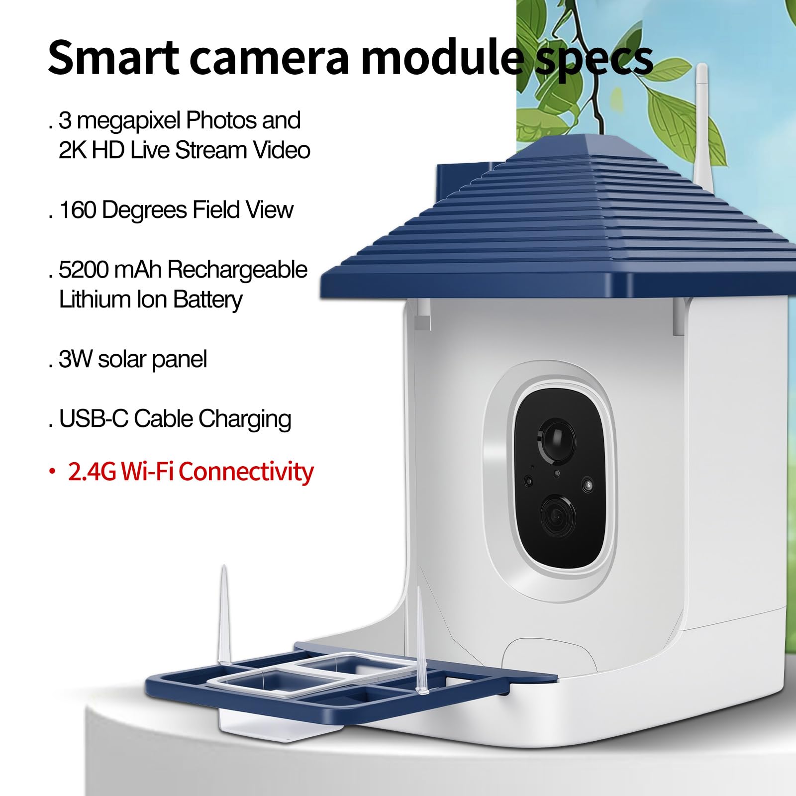 Comedero solar inteligente para pájaros con cámara, comedero para pájaros HD 2K para exteriores, azul índigo