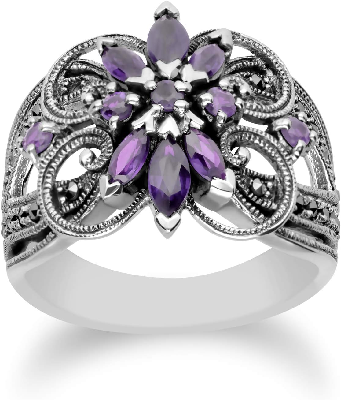 USA 925 Sterling Silver Amethyst & Marcasite Art Nouveau Ring Size 6, 7, 8, and 9