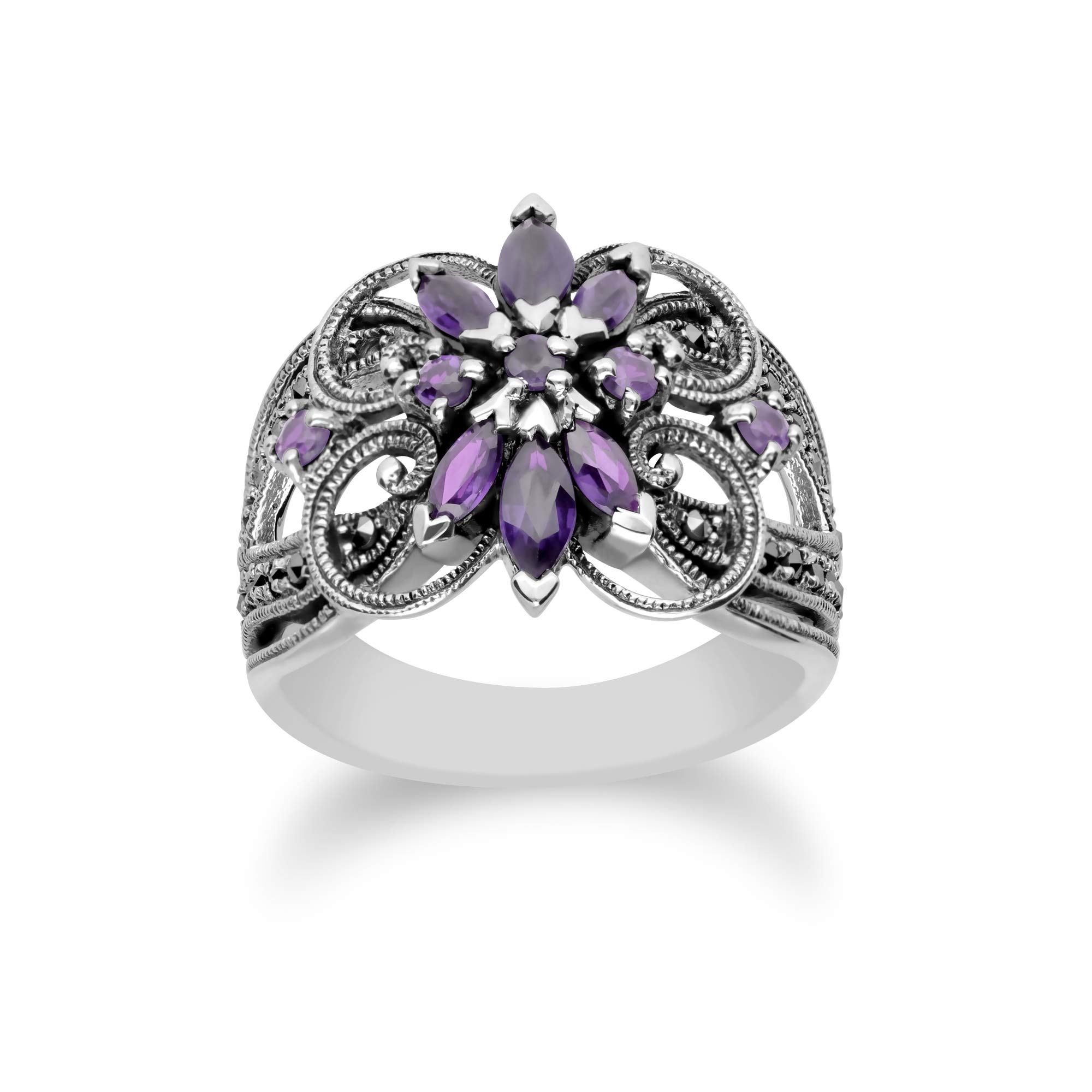 Gemondo USA 925 Sterling Silver Amethyst & Marcasite Art Nouveau Ring Size 6, 7, 8, and 9
