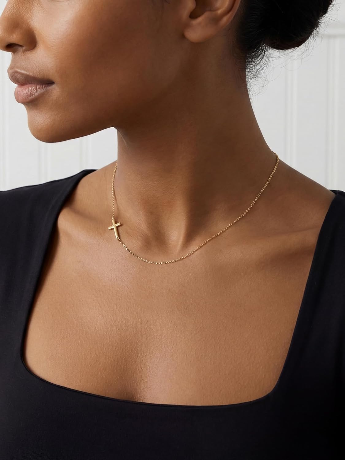 NORBU S925 Cross Necklace for Women, 18K Gold Plated Womens Cross Necklaces with Adjustable 16”+2” Chain, Sterling Silver Thiny Small Sideways Cross Pendant Dainty Christian Jewelry Catholic Religious Gift for Her