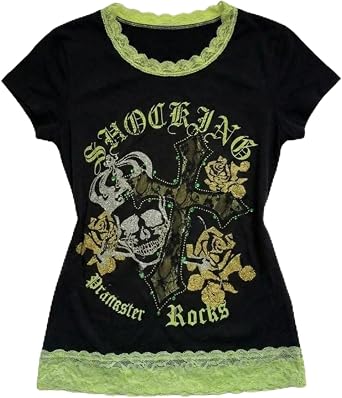 Y2k Grunge Shirts Alt Emo Clothes Women Vintage Graphic Tees Goth 2000s Teen Girls Streetwear Whimsical Short Sleeve Top