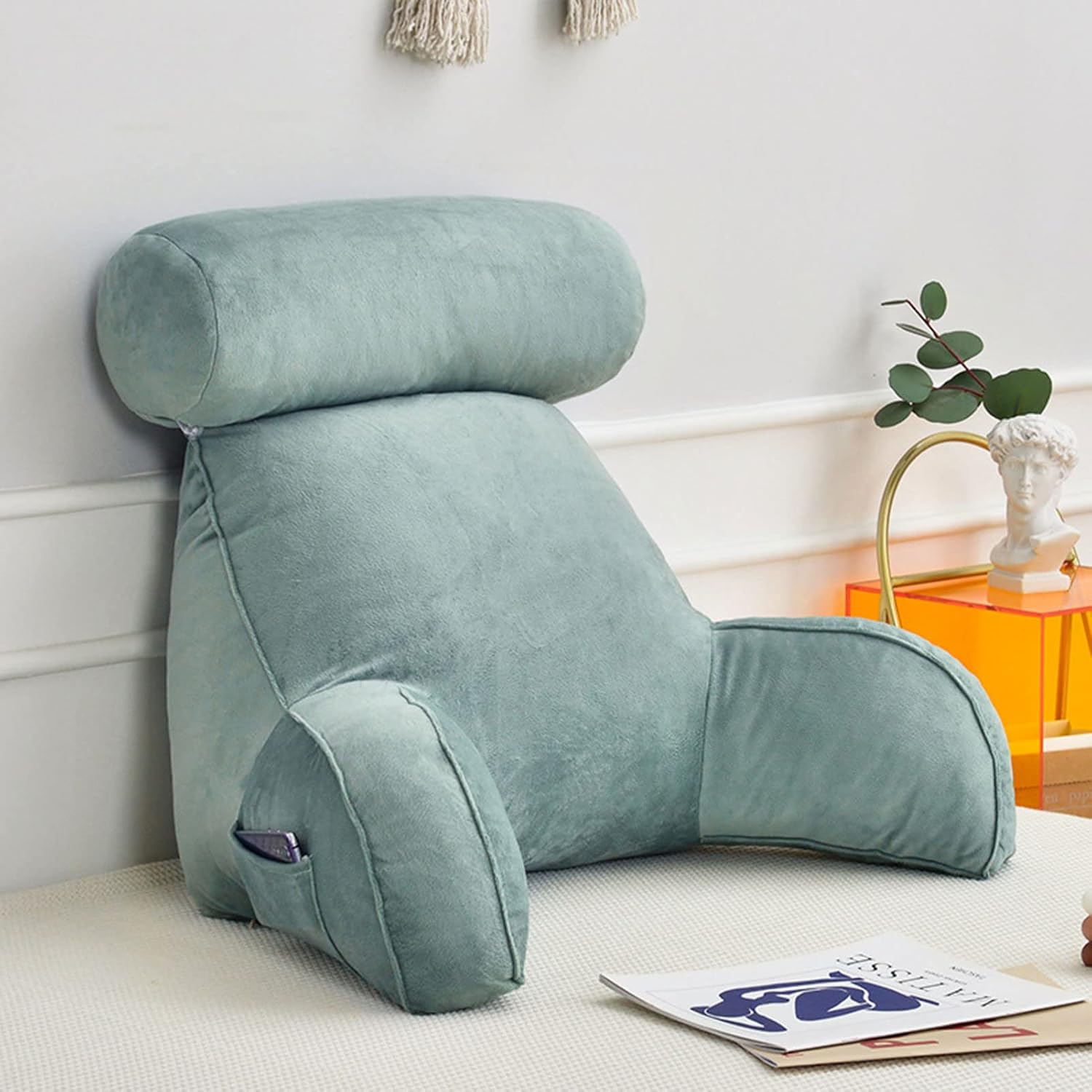 Reading Pillow/Backrest Lounge Cushion, Large Adult Backrest Lounge Cushion, Detachable Neck Roll, Back Support with Arm Rests, for Sitting Up in Bed Relaxing 75 x 40 x 40 cm