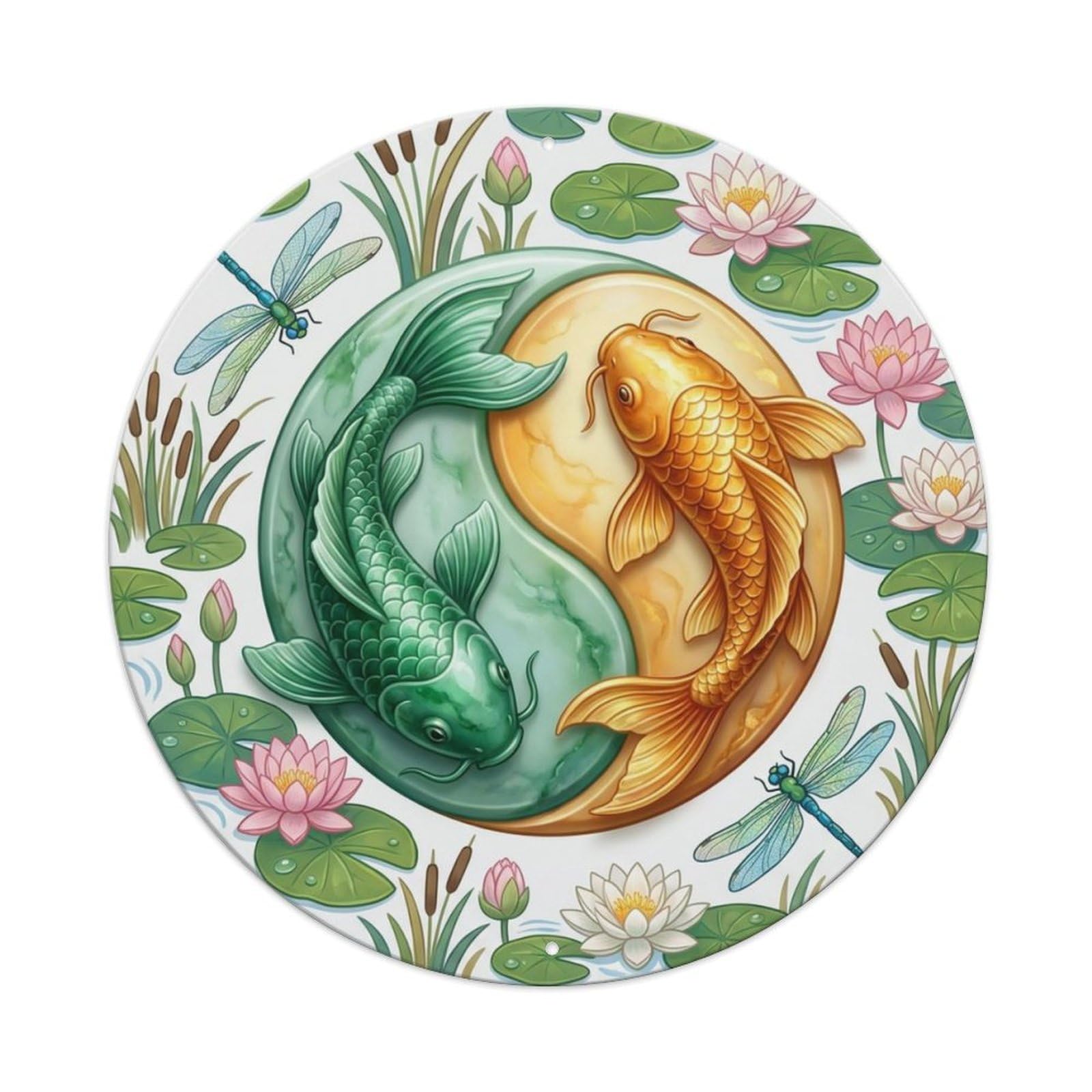 Tgrcjimh Style Metal Tin Sign Tai Chi Koi Fish Dragonfly Pond Summer Breeze Nature