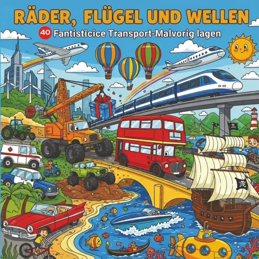 Räder, Flügel und Wellen Malbuch: 40 Fantastische Malvorlagen | Laster, Züge, Flugzeuge und Schiffe für Kreative Kinder 4-8 Jahren