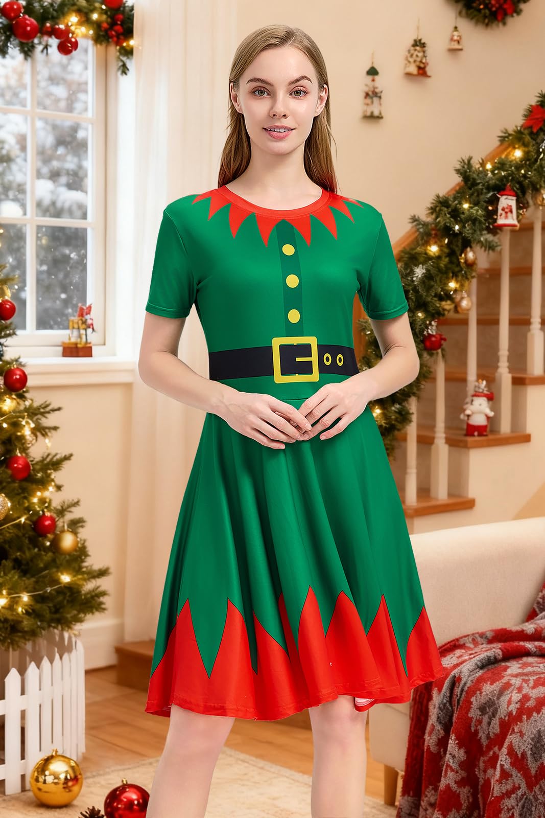 Glimnerize Christmas Women's Dress Versatile Outfit Party Elf Printed Comfortable Novelty Christmas Themed Style Funny Santa A7 S - Image 2
