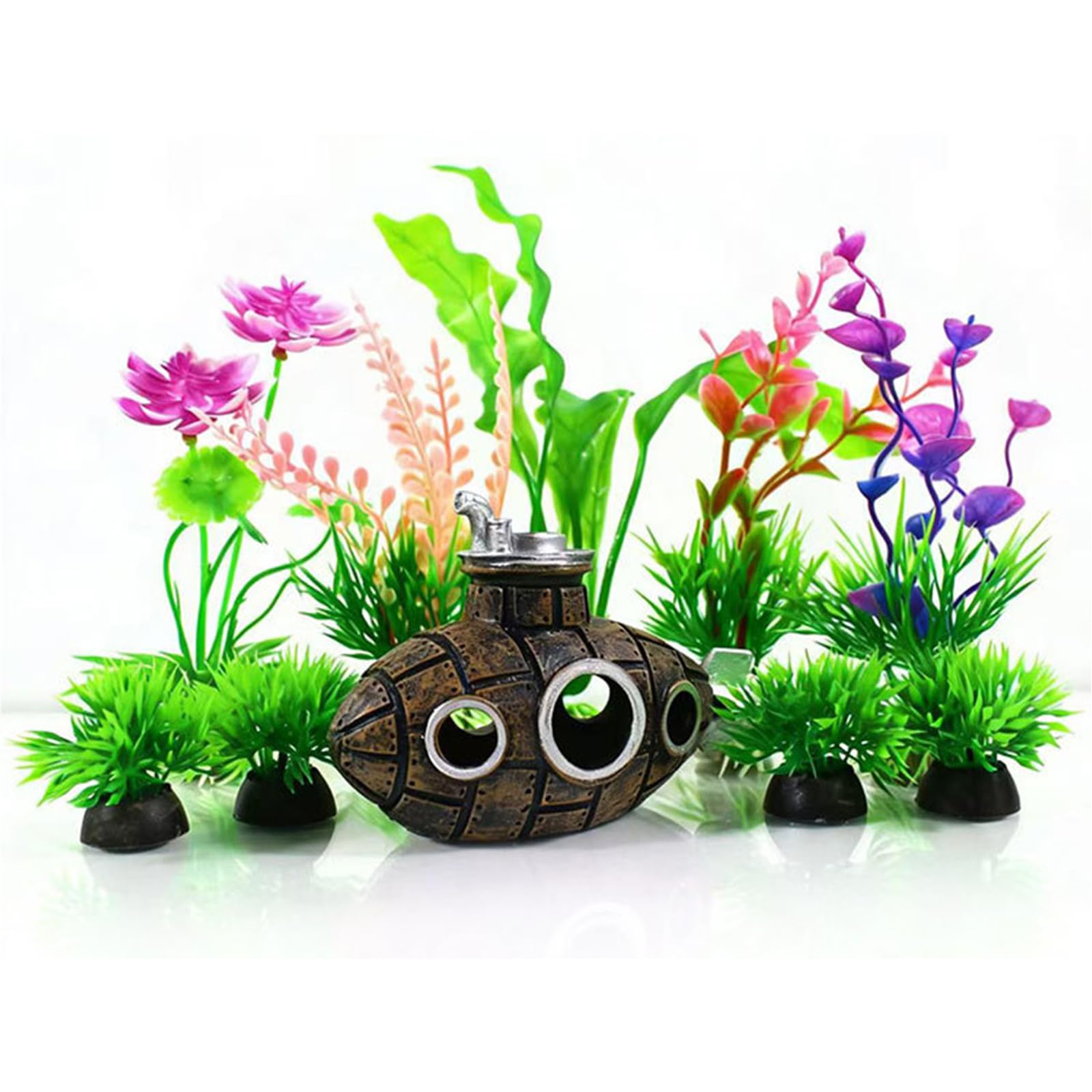 CavspkArt 10PCS Fish Tank Decoration Set, Aquarium Submarine & Aquatic Plant Ornaments - Safe Material, Fish Tank Accessories