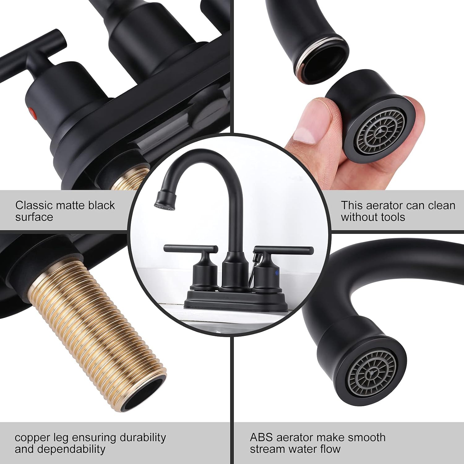 WOWOW Black Centerset Bathroom Faucet - 2 Handle 4 Inch Basin 3 Hole Modern Vanity Sink Faucet for RV With Lift Rod Drain Stopper and Supply Hoses