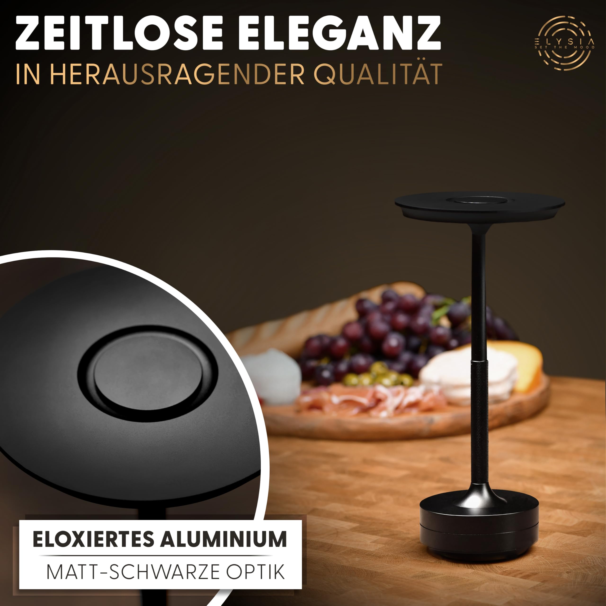 ELYSIA LED Akku-Tischleuchte Dimmbare Tischlampe Kabellos mit Touch für Innen & Outdoor [IP54], (extra-) Warmweiß [2200K-2700K-3200K], USB-C, Wieder-Aufladbare Nachttischlampe, Aluminium, Schwarz