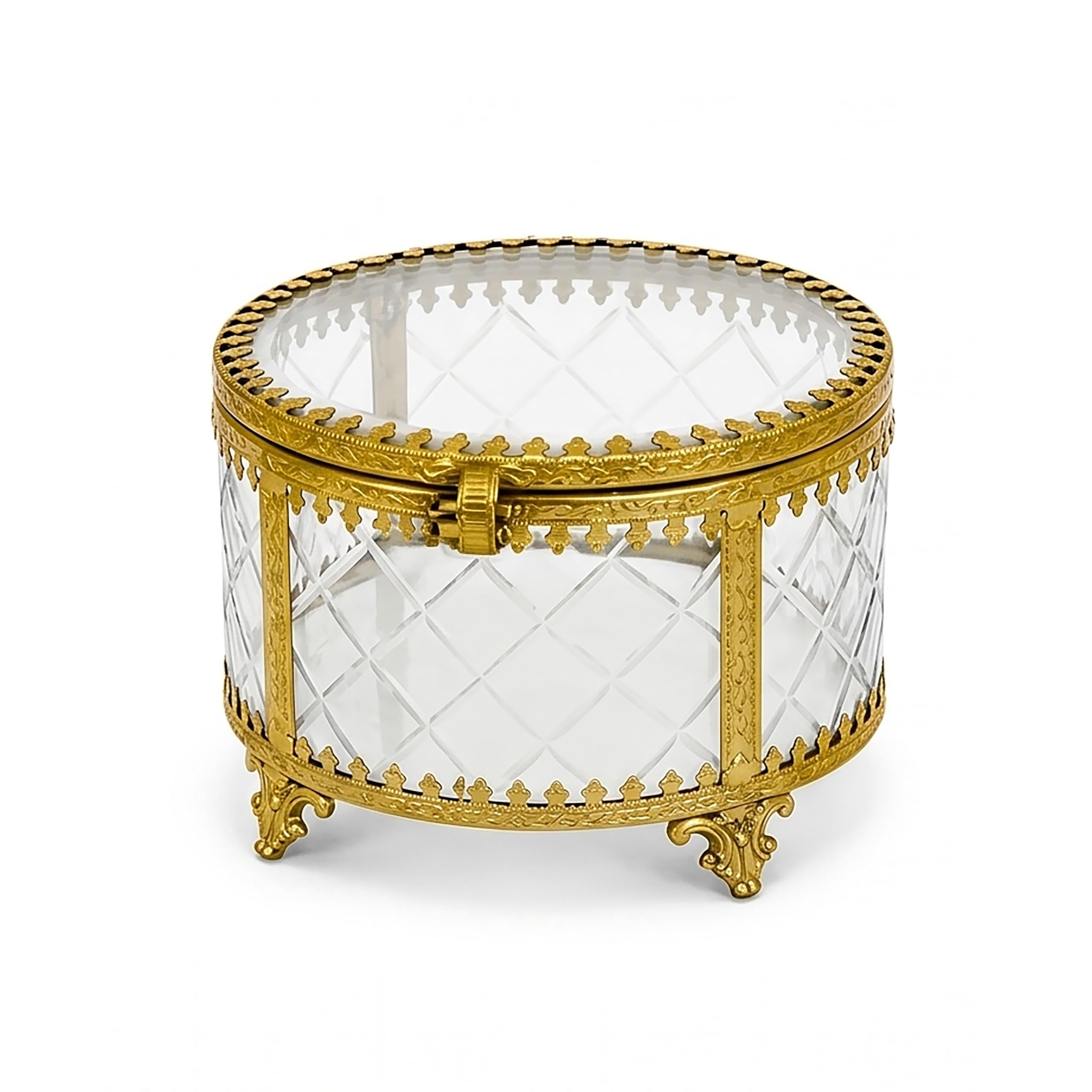 INDART Brass Glass jewellery Box Antique Gold Finish -(10.5 × 12 × 9 cm) | Handcrafted brass glass organizer with antique gold frame ideal for rings earrings necklaces and festive Diwali gifting