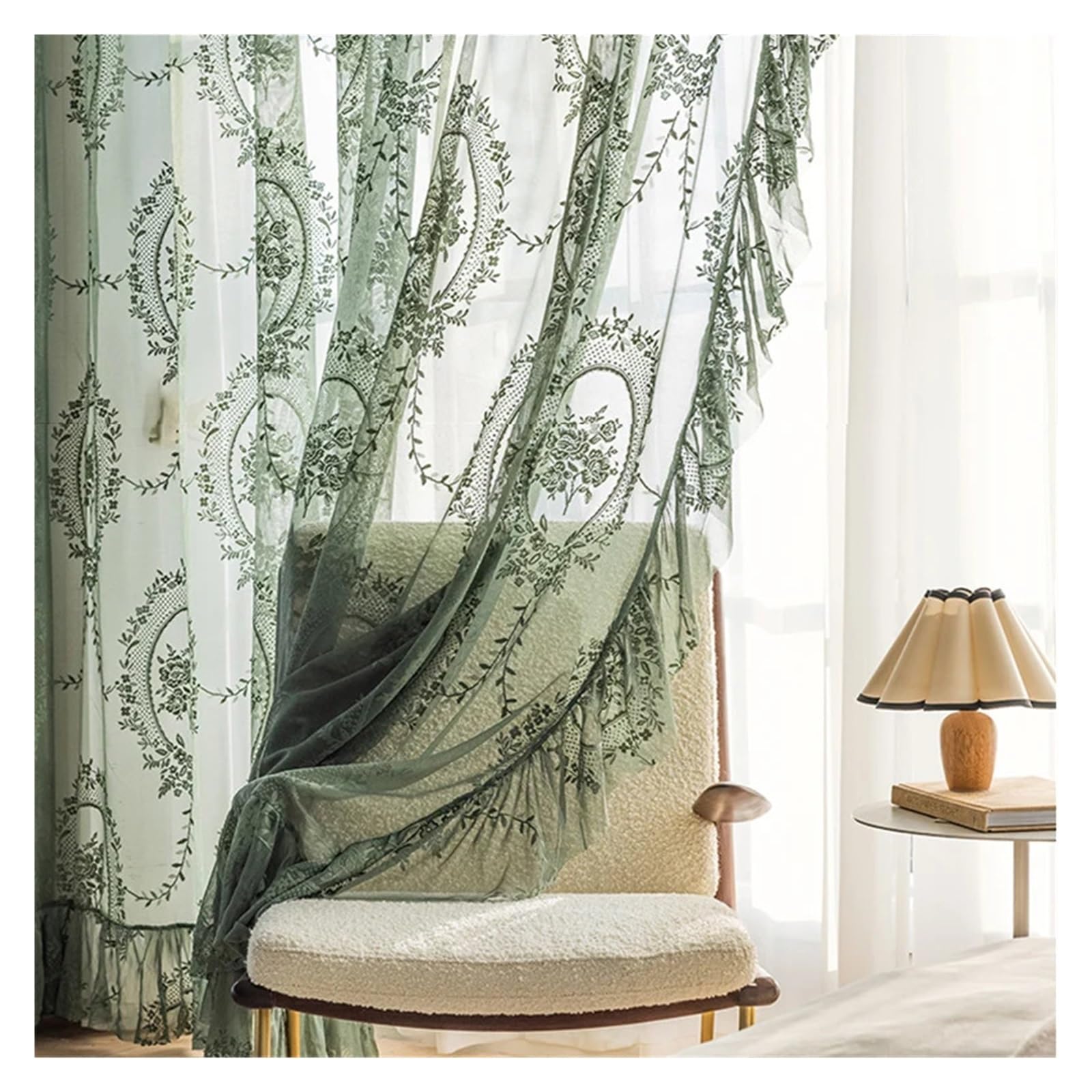 BGHYJKOL Ruffled Curtains Dark Green Sheer Vintage Tulle Curtains Elegant Ruffle Embroidered Flowers Light Filtering Window Drapes For Bedroom Balcony(1PC W150 x H240cm)
