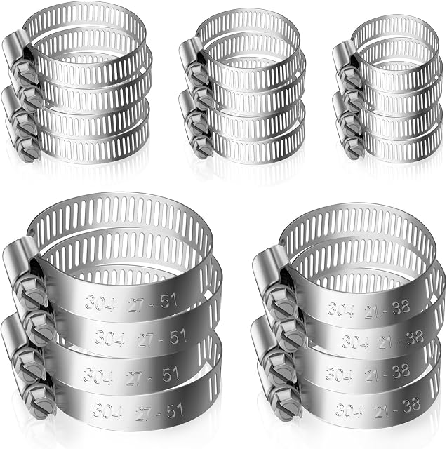 20 Piece 6-51mm Hose Clips Set, Leryati Small Hose Clamp 304 Stainless Steel Clamps, Adjustable Worm Drive Hose Pipe Clips Tube Hose Joining Clip for Pool, Washing Machine, Pond and Garden - 5 Size