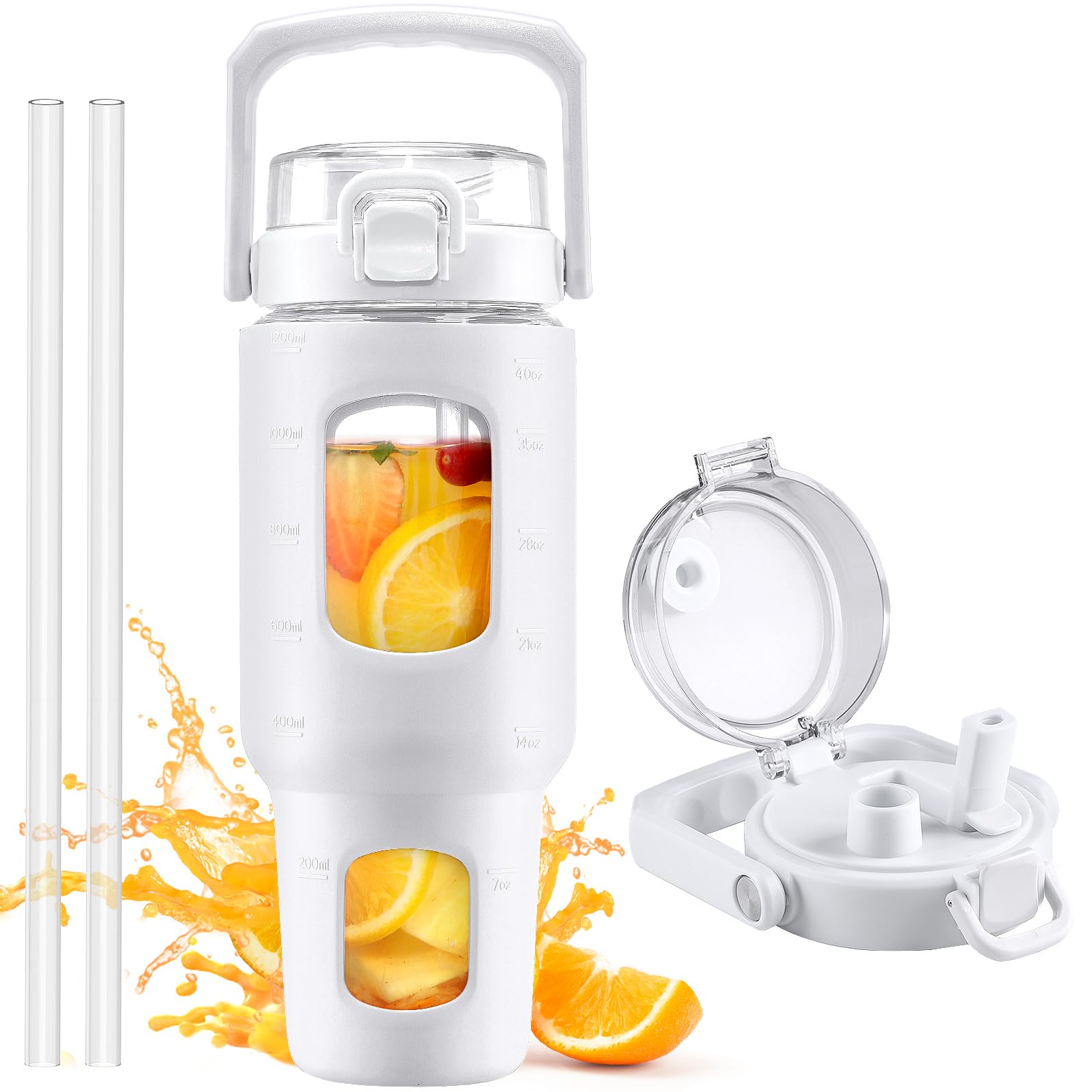 BLUEGO 40oz Glass Tumbler with Lid and Straw, Glass Water Bottles with Handle, Glass Cup with Time Marker and Silicone Sleeve, Fits Most Cup Holder,