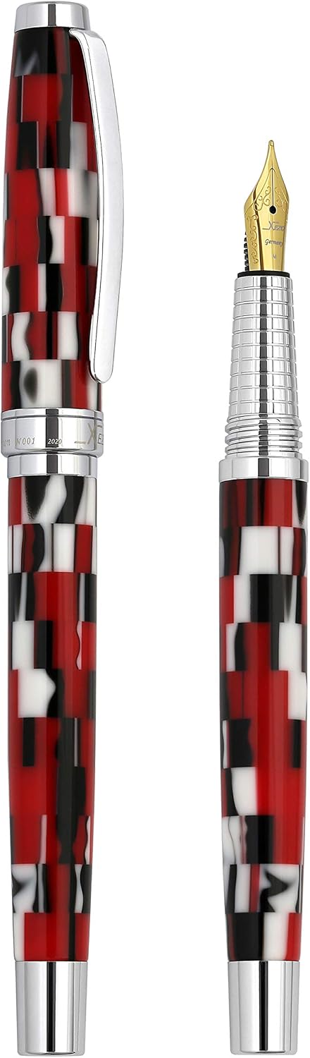 Xezo Urbanite II Fountain Pen, Medium Nib. Sporty Red, Black, and White Checkered Acrylic on Brass. Chrome Plated. Handcrafted, Limited Edition, Serialized