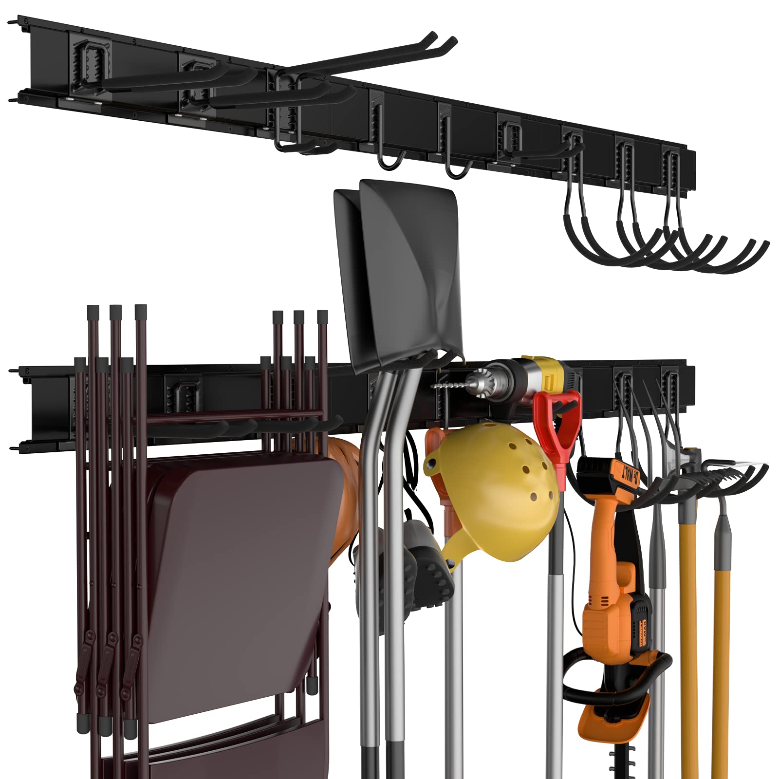 Photo 1 of INCLY Heavy Duty Tool Storage Rack, 12 PCS Adjustable Steel Garage Storage System 72 Inch ( 3 Rails) & 9 Wall Hooks and Hanger, Garden Organizer, Shovel Holder Wall Mount for Garden Yard
