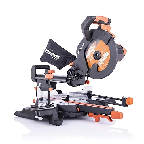 Evolution Power Tools R255SMS+ PLUS 10-Inch Sliding Miter Saw Plus Multi-Material Multi-Purpose Cutting Cuts Metal, Plastic, Wood & More 0˚ - 45˚ Bevel & 50˚ - 50˚ Miter Angles TCT Blade Included